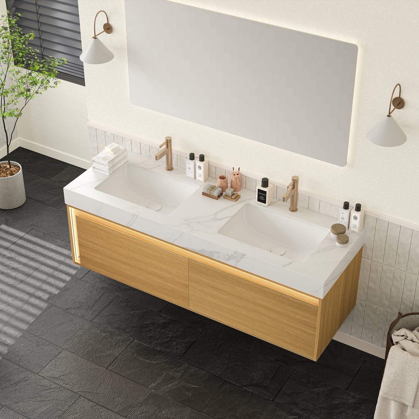 NYAH 60'' Bathroom Vanity&Sinks, Floating Ultra-Slim Grille Plywood Storage Cabinet, Carrara White