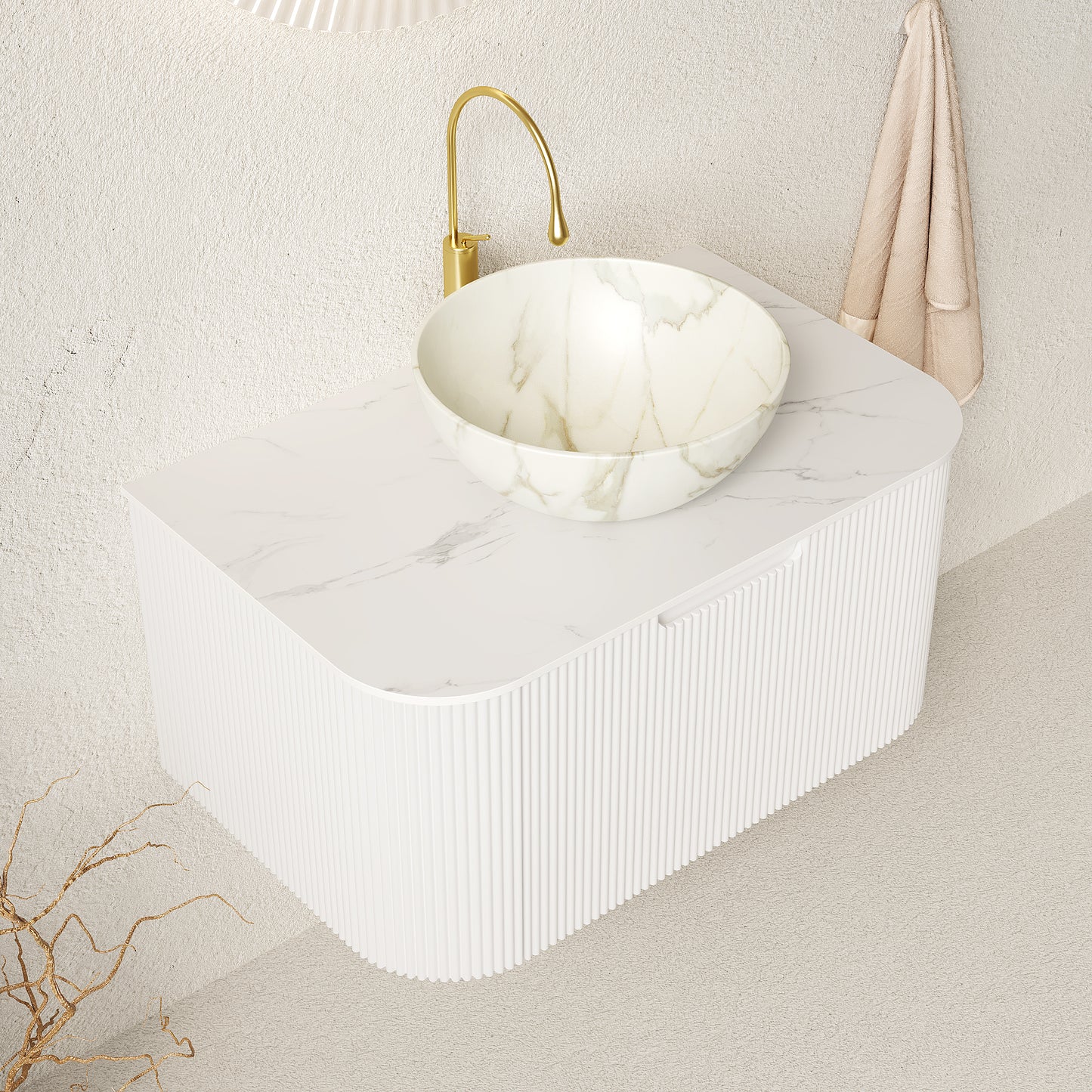 DINA 24" Bathroom Vanity&Sink, Floating Curved Edges Striped Storage Cabinet with Drawer, Matte Stone White Bowl Ceramic Basin&Carrara White Sintered Stone Top, Pre-assembled, White Color