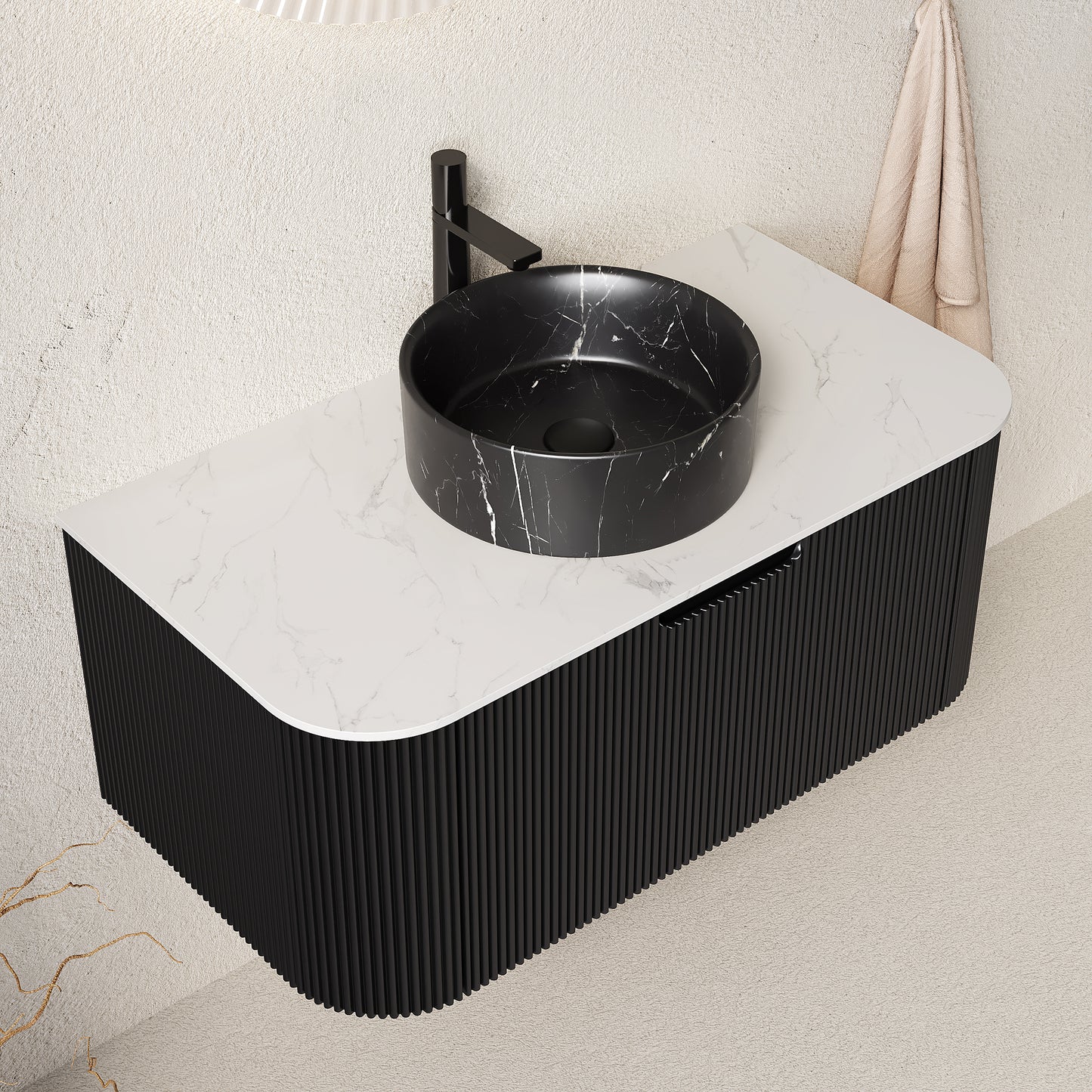 DINA 60" Bathroom Vanity&Sinks, Floating Curved Edges Striped Storage Cabinet with 2 Drawers, 2 Stone Black Round Ceramic Basins&Carrara White Sintered Stone Top, Pre-assembled, Black Color