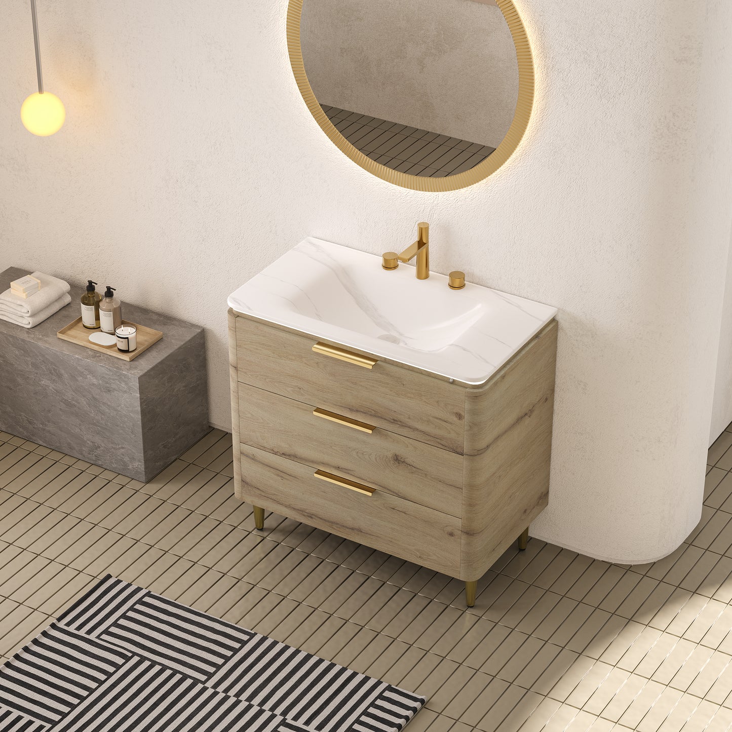 AMARA 36'' Bathroom Vanity with Sink, Freestanding Curved Edges Plywood Bathroom Storage Cabinet with 3 Drawers, Carrara White Sintered Stone Integrated Basin,