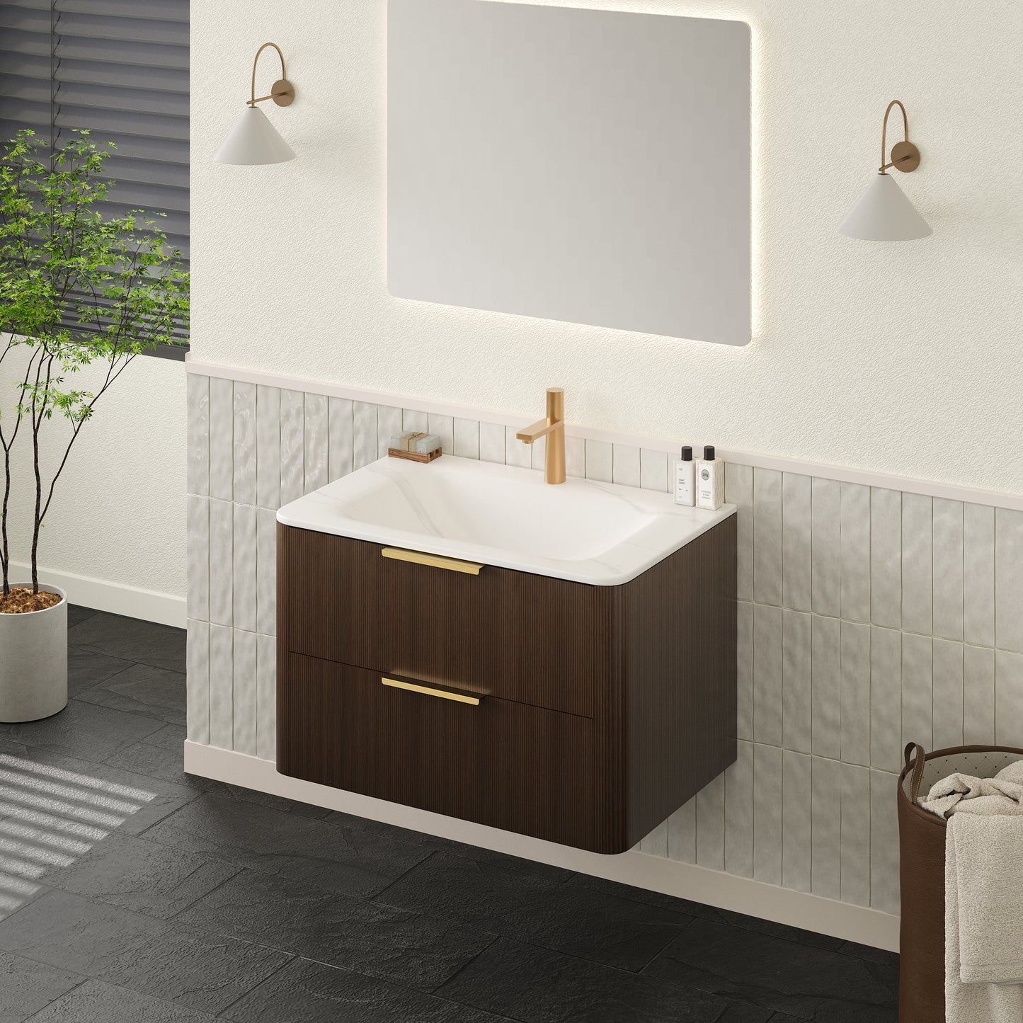 ZANE 30 Badezimmer-Waschtisch mit Waschbecken, schwebender Aufbewahrungsschrank aus Sperrholz mit ultra-Nadelstreifen und Schubladen, italienische Walnussholzmaserung