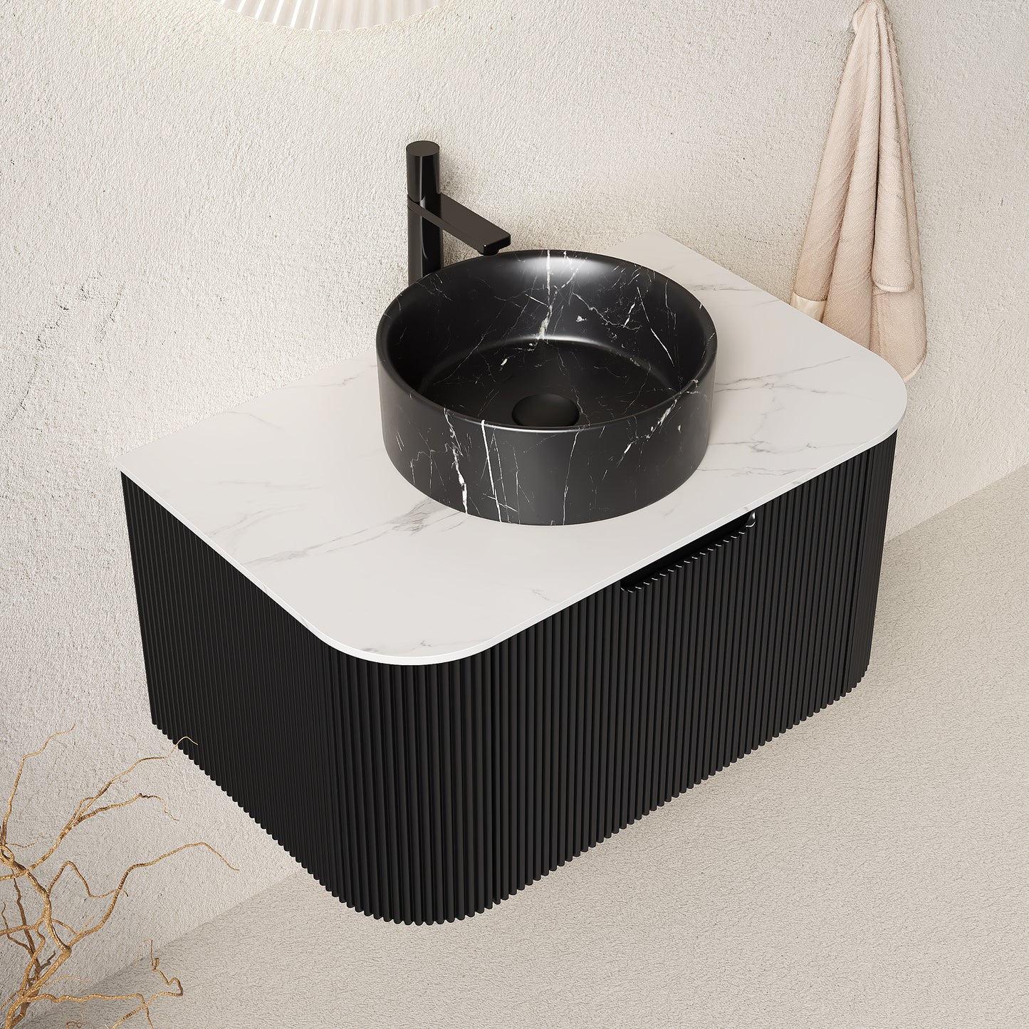 DINA 60" Bathroom Vanity&Sinks, Floating Curved Edges Striped Storage Cabinet with 2 Drawers, 2 Stone Black Round Ceramic Basins&Carrara White Sintered Stone Top, Pre-assembled, Black Color