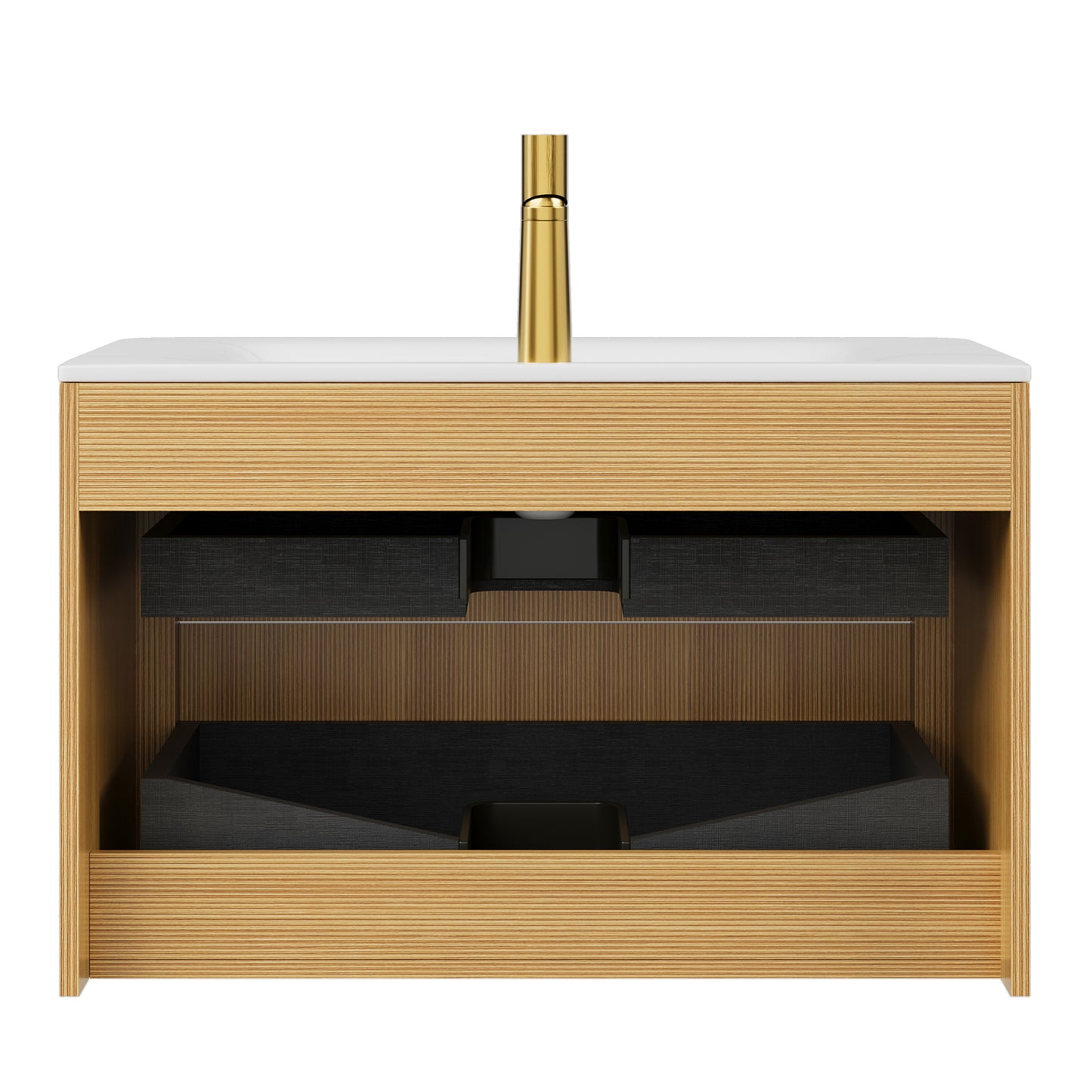 ZANE 36" Badezimmer-Waschtisch mit Waschbecken, schwebender Aufbewahrungsschrank aus Sperrholz mit ultra-Nadelstreifen und Schubladen, helle natürliche Holzmaserung