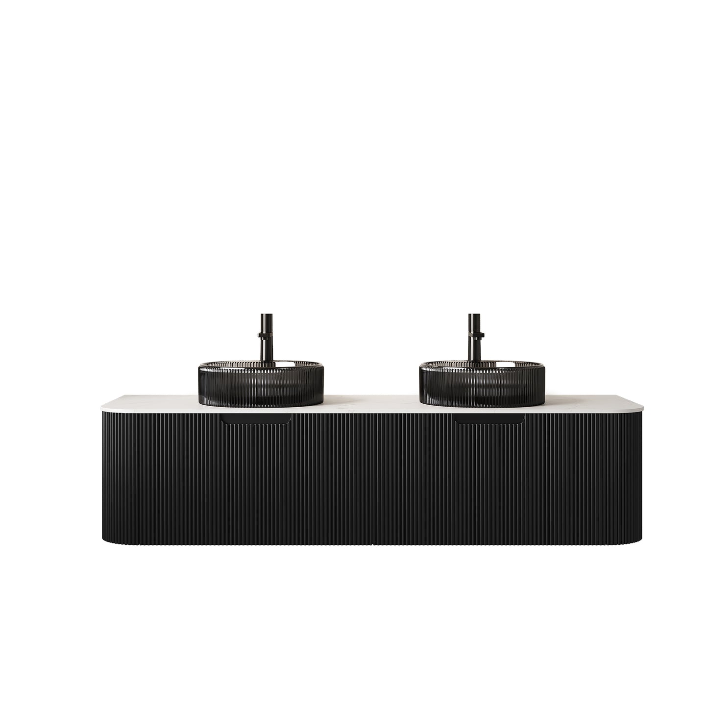 DINA 24" Bathroom Vanity with Sink, Wall-Mounted Curved Edges Striped Storage Cabinet with Drawer, Transparent Black Round Glass Basin and Countertop, Pre-assembled, Black Color