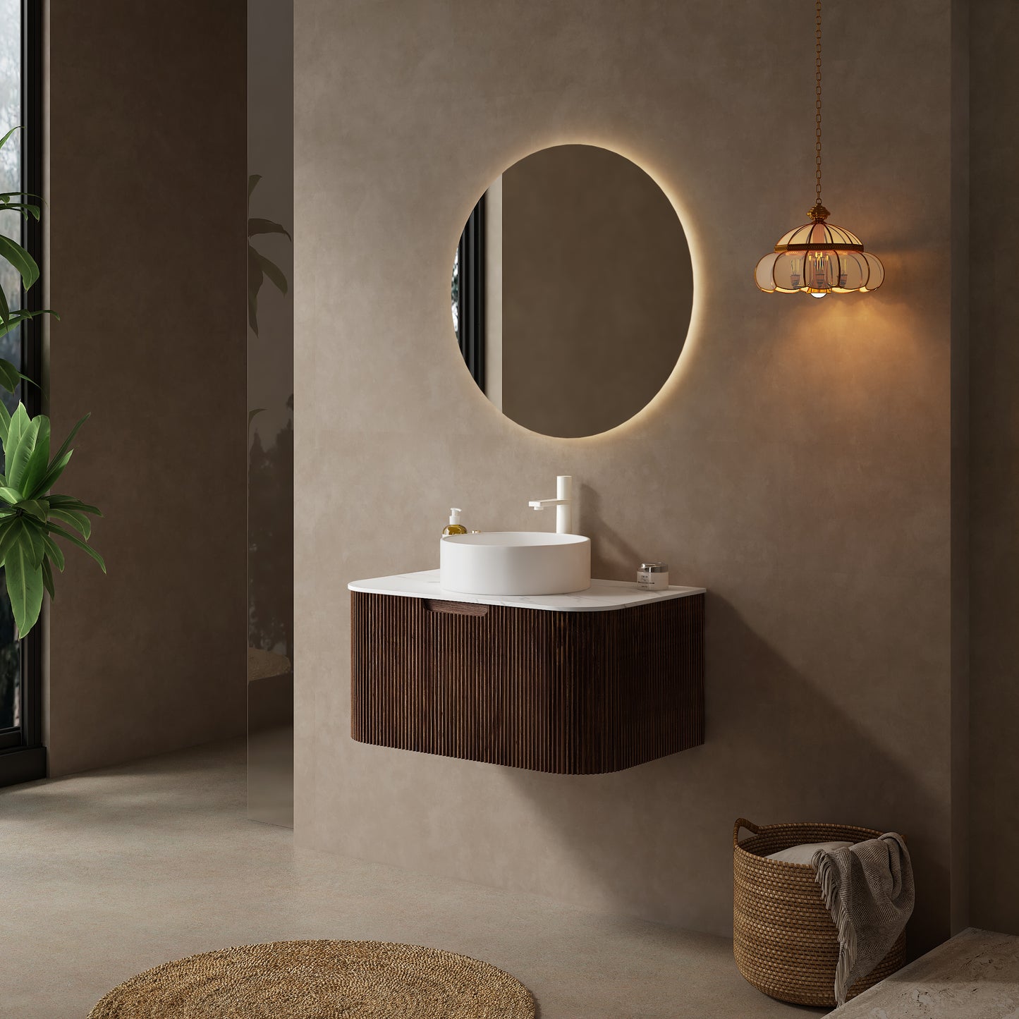 DINA Bathroom Vanity with Sink, Wall-Mounted Curved Edges Striped Bathroom Storage Cabinet Walnut Woodgrain Color