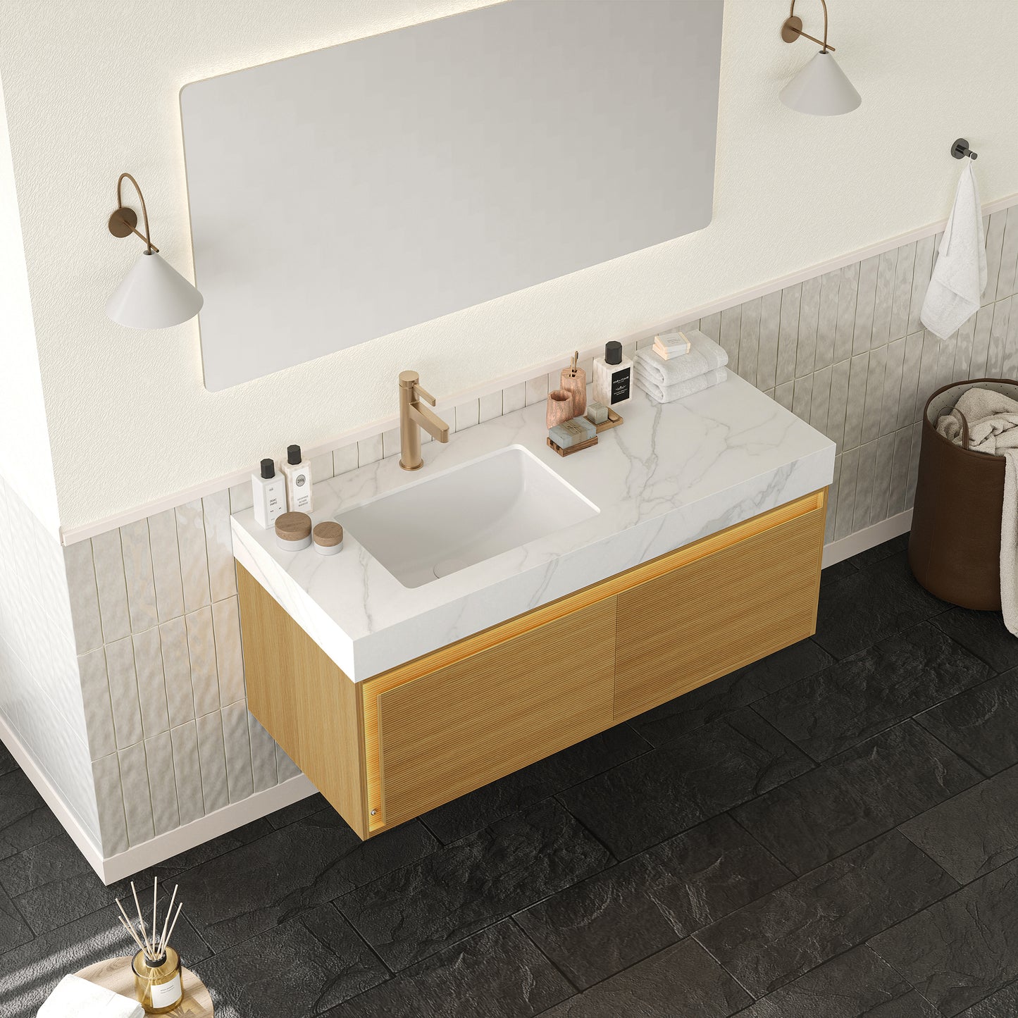 NYAH 60'' Bathroom Vanity&Sinks, Floating Ultra-Slim Grille Plywood Storage Cabinet, Carrara White