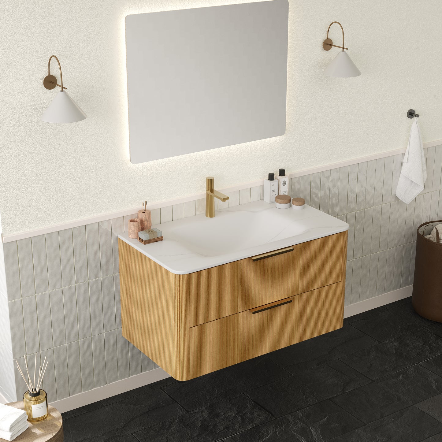 ZANE 36" Badezimmer-Waschtisch mit Waschbecken, schwebender Aufbewahrungsschrank aus Sperrholz mit ultra-Nadelstreifen und Schubladen, helle natürliche Holzmaserung