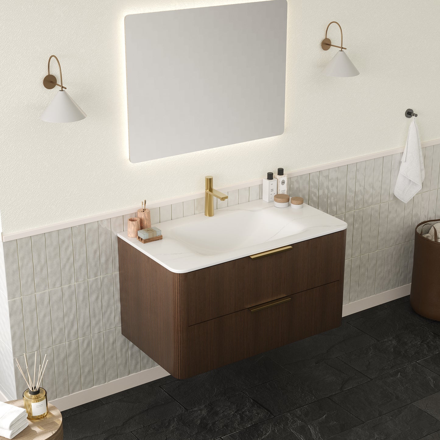 ZANE 30 Badezimmer-Waschtisch mit Waschbecken, schwebender Aufbewahrungsschrank aus Sperrholz mit ultra-Nadelstreifen und Schubladen, italienische Walnussholzmaserung