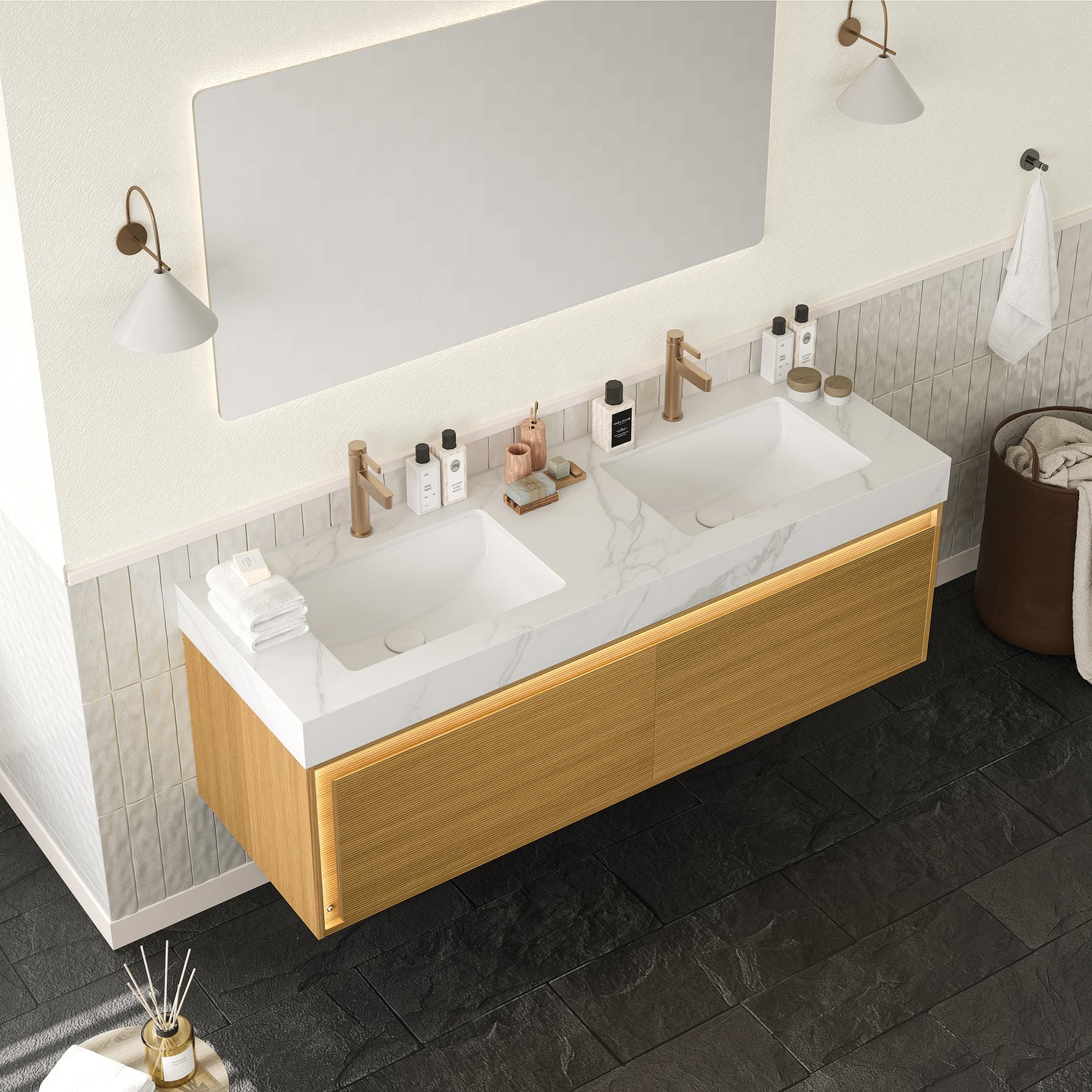 NYAH 60'' Bathroom Vanity&Sinks, Floating Ultra-Slim Grille Plywood Storage Cabinet, Carrara White