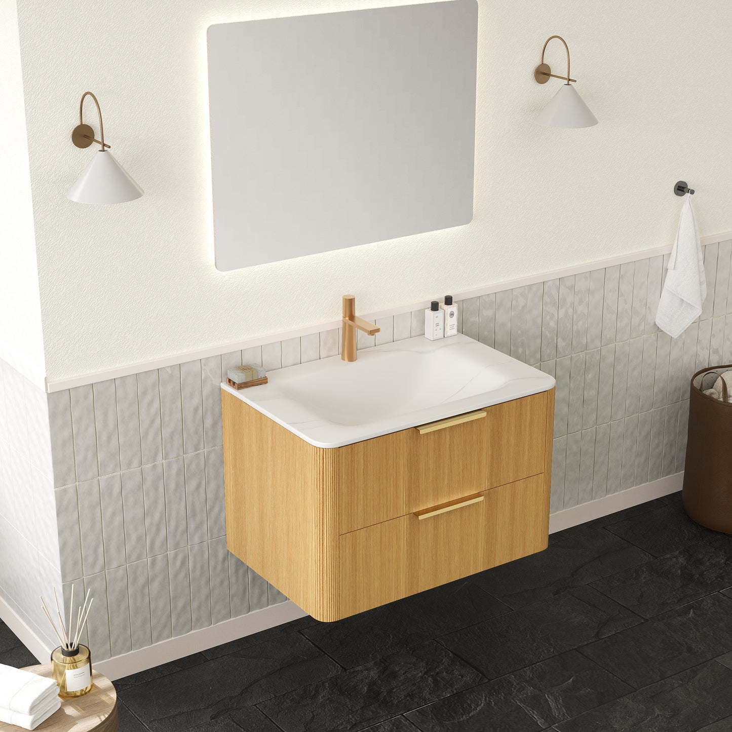 ZANE 36" Badezimmer-Waschtisch mit Waschbecken, schwebender Aufbewahrungsschrank aus Sperrholz mit ultra-Nadelstreifen und Schubladen, helle natürliche Holzmaserung