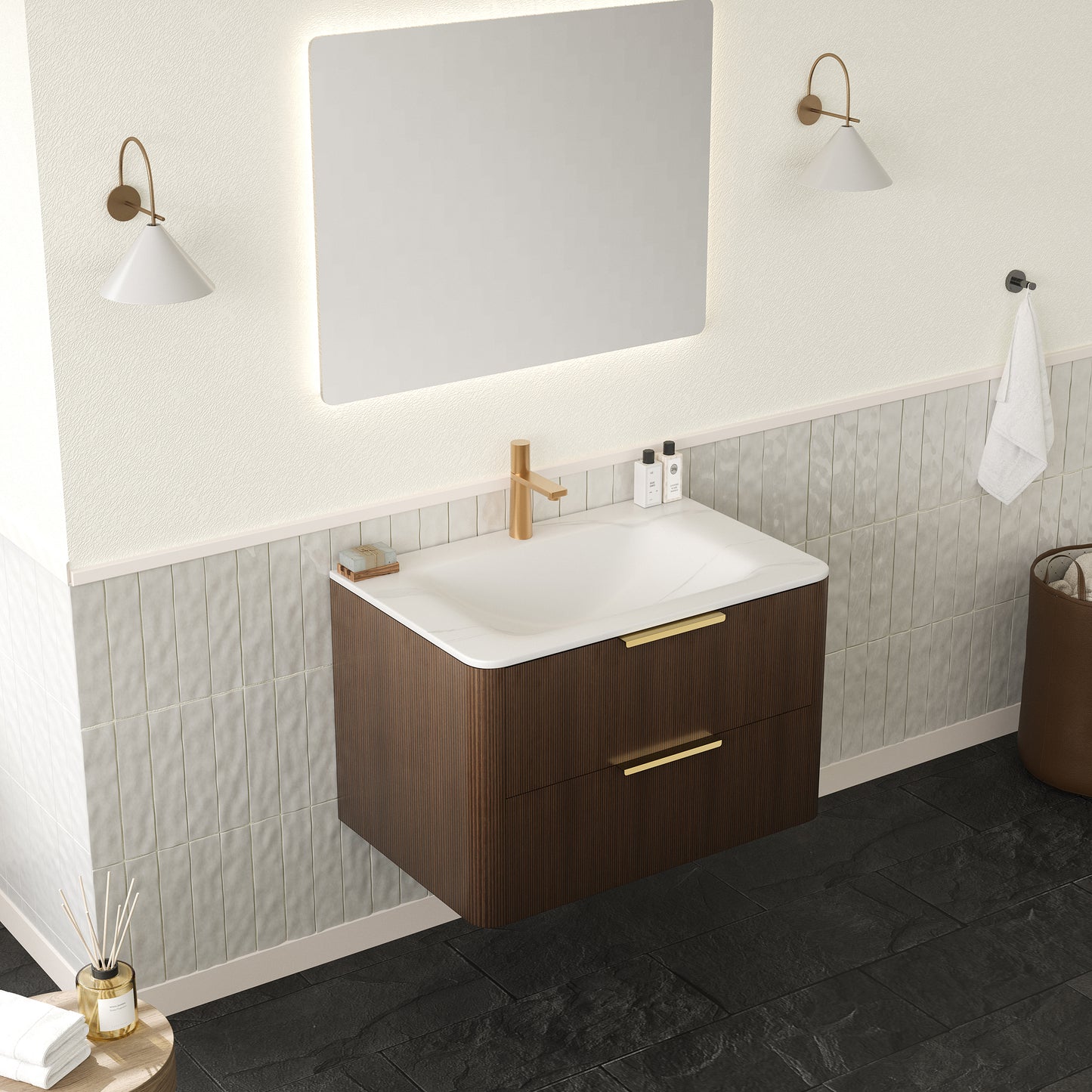 ZANE 30 Badezimmer-Waschtisch mit Waschbecken, schwebender Aufbewahrungsschrank aus Sperrholz mit ultra-Nadelstreifen und Schubladen, italienische Walnussholzmaserung