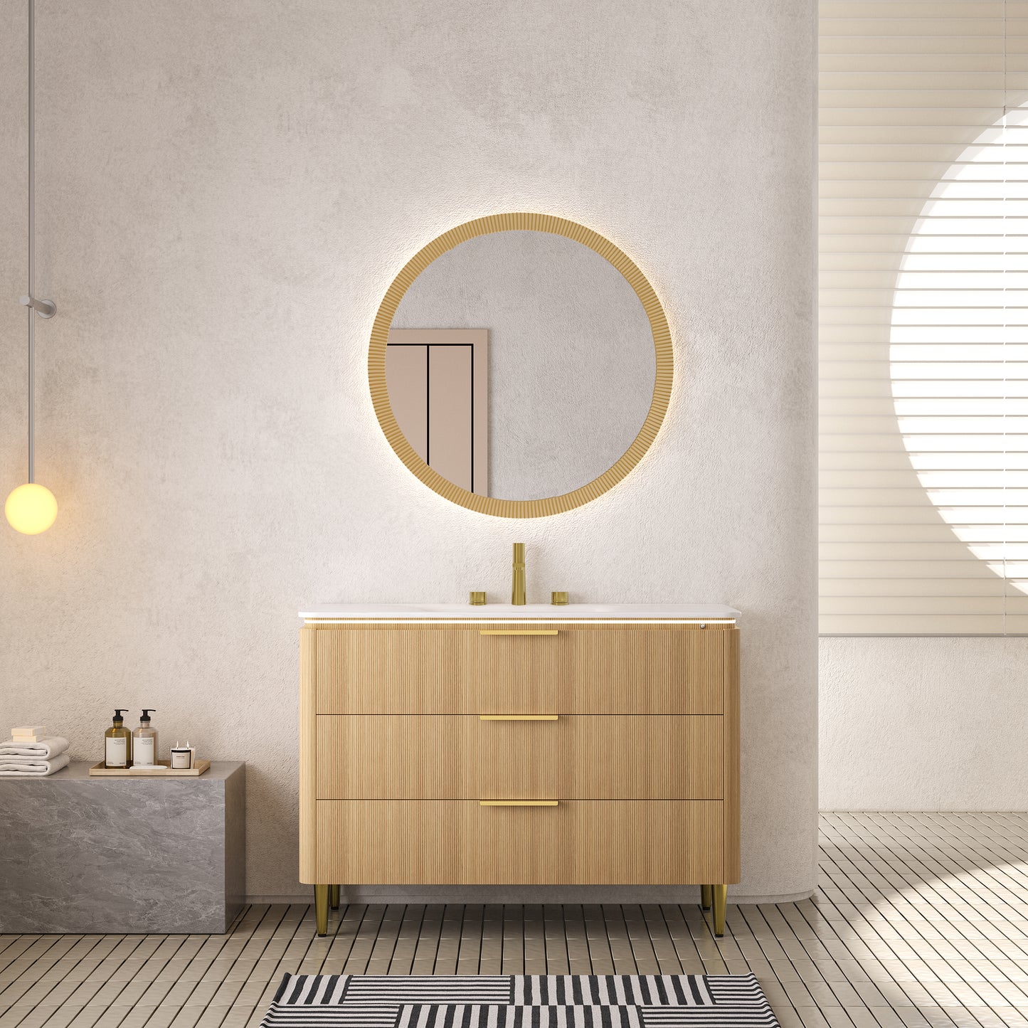 AMARA 36'' Bathroom Vanity&Sink, Freestanding Curved Edges Ultra-Slim Grille Plywood Storage Cabinet, 3 Drawers, Carrara White Sintered Stone Integrated Basin