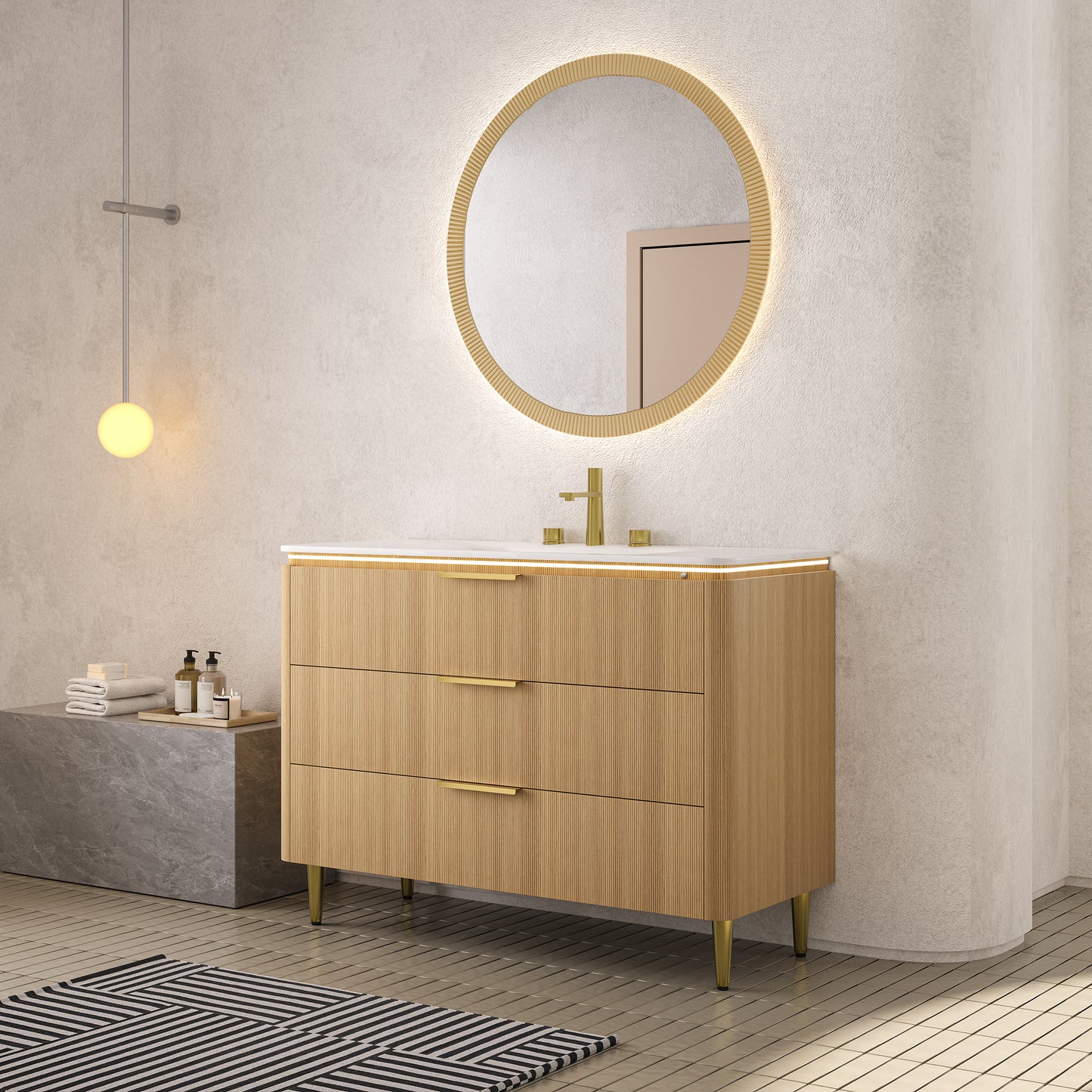 AMARA 36'' Bathroom Vanity&Sink, Freestanding Curved Edges Ultra-Slim Grille Plywood Storage Cabinet, 3 Drawers, Carrara White Sintered Stone Integrated Basin