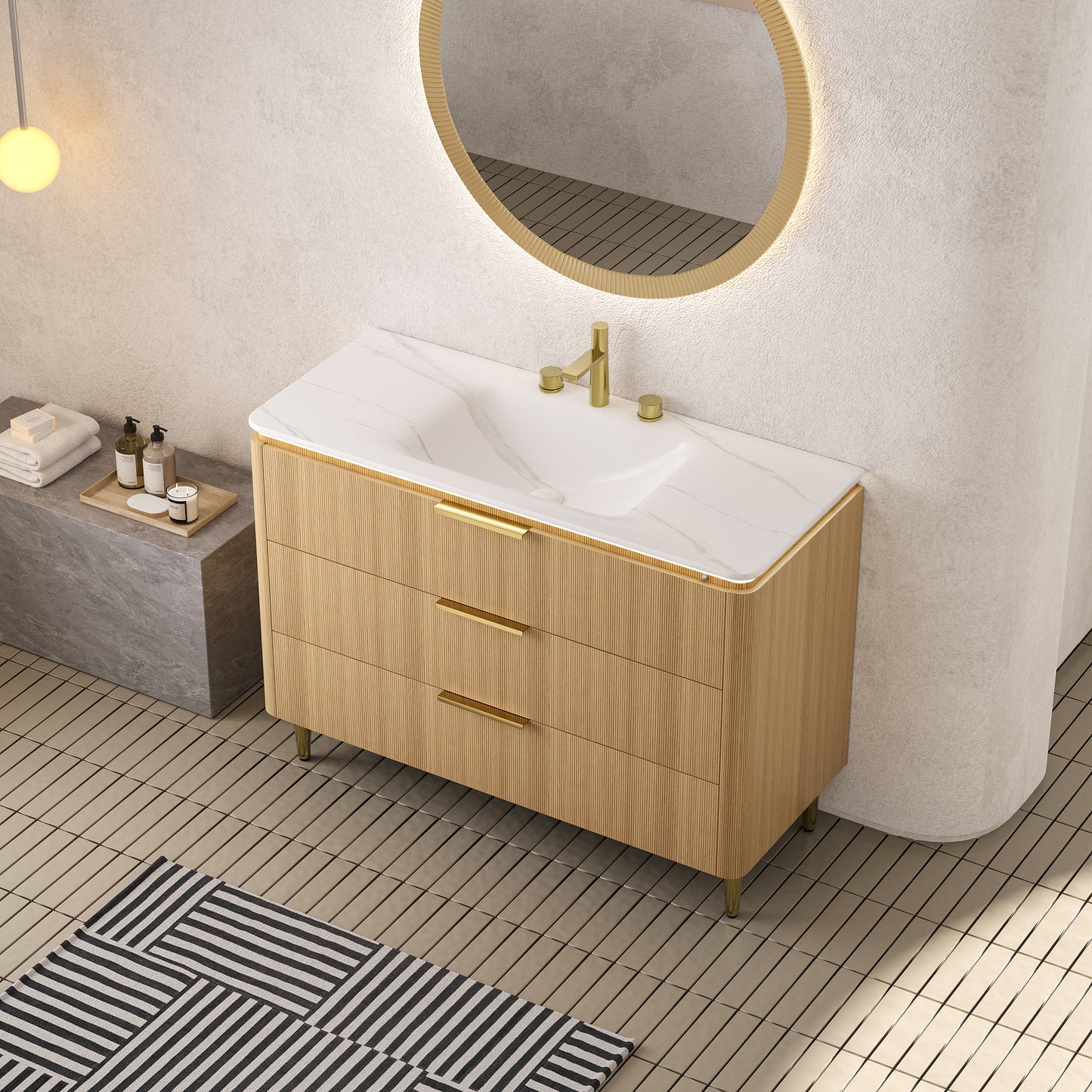 AMARA 36'' Bathroom Vanity&Sink, Freestanding Curved Edges Ultra-Slim Grille Plywood Storage Cabinet, 3 Drawers, Carrara White Sintered Stone Integrated Basin
