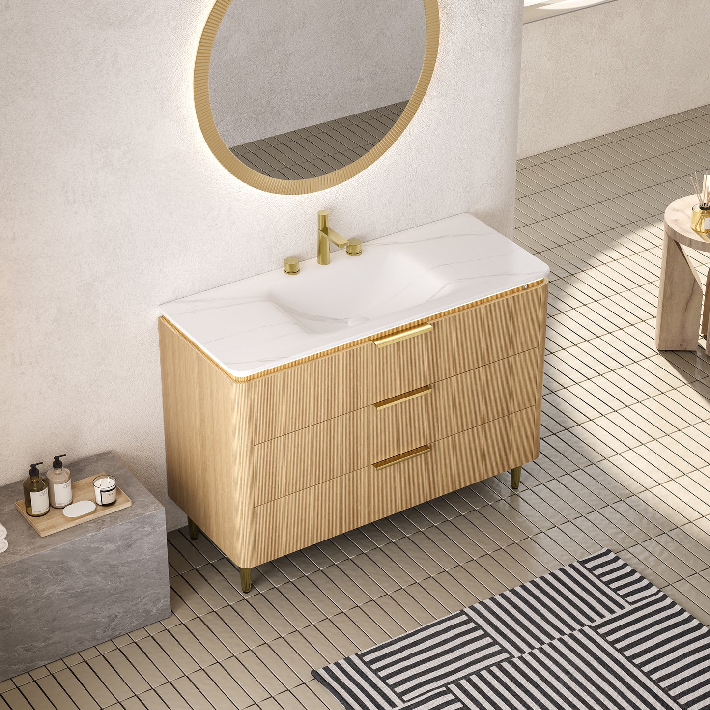 AMARA 36'' Bathroom Vanity&Sink, Freestanding Curved Edges Ultra-Slim Grille Plywood Storage Cabinet, 3 Drawers, Carrara White Sintered Stone Integrated Basin