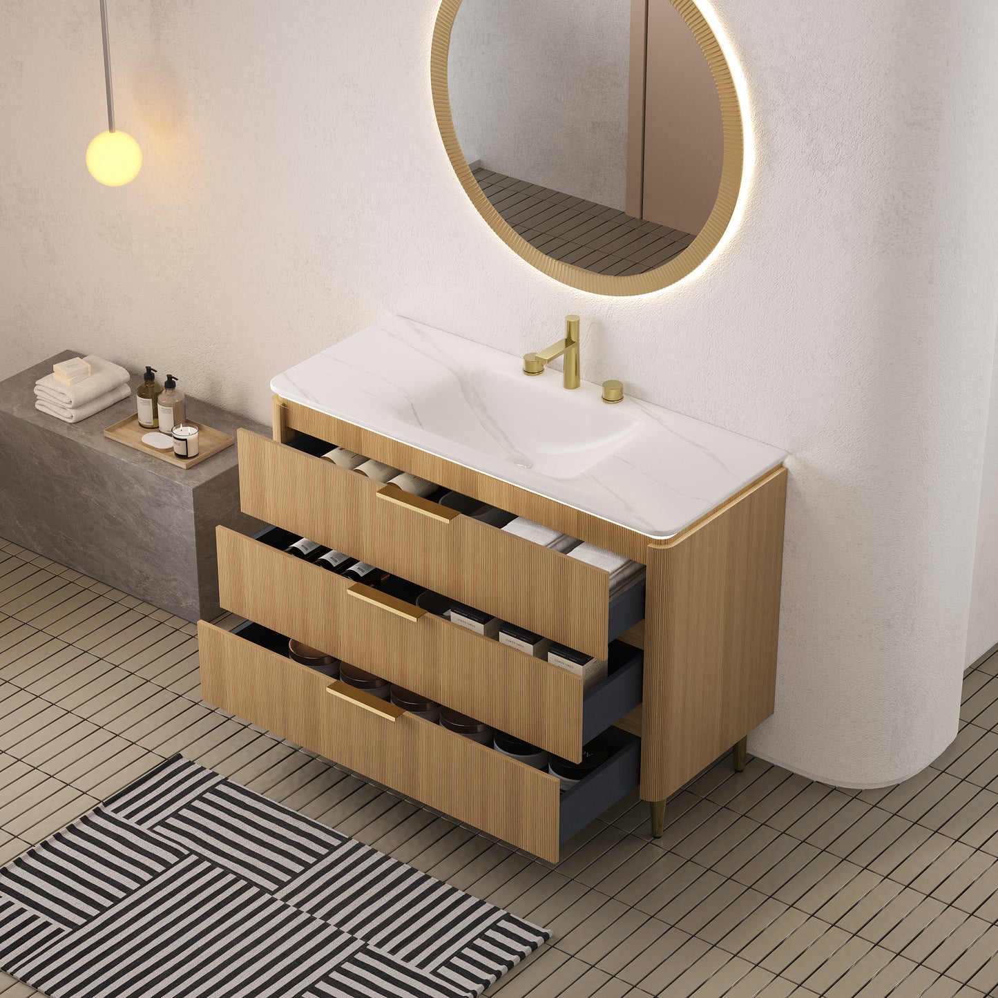 AMARA 36'' Bathroom Vanity&Sink, Freestanding Curved Edges Ultra-Slim Grille Plywood Storage Cabinet, 3 Drawers, Carrara White Sintered Stone Integrated Basin