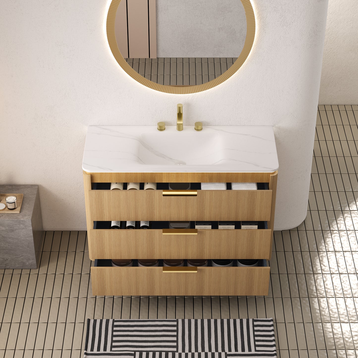 AMARA 36'' Bathroom Vanity&Sink, Freestanding Curved Edges Ultra-Slim Grille Plywood Storage Cabinet, 3 Drawers, Carrara White Sintered Stone Integrated Basin