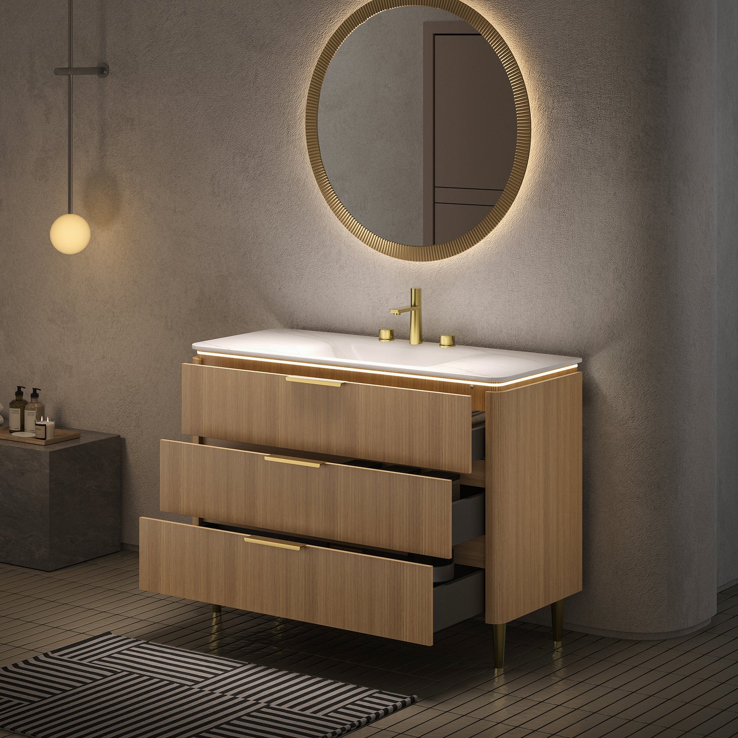 AMARA 36'' Bathroom Vanity&Sink, Freestanding Curved Edges Ultra-Slim Grille Plywood Storage Cabinet, 3 Drawers, Carrara White Sintered Stone Integrated Basin