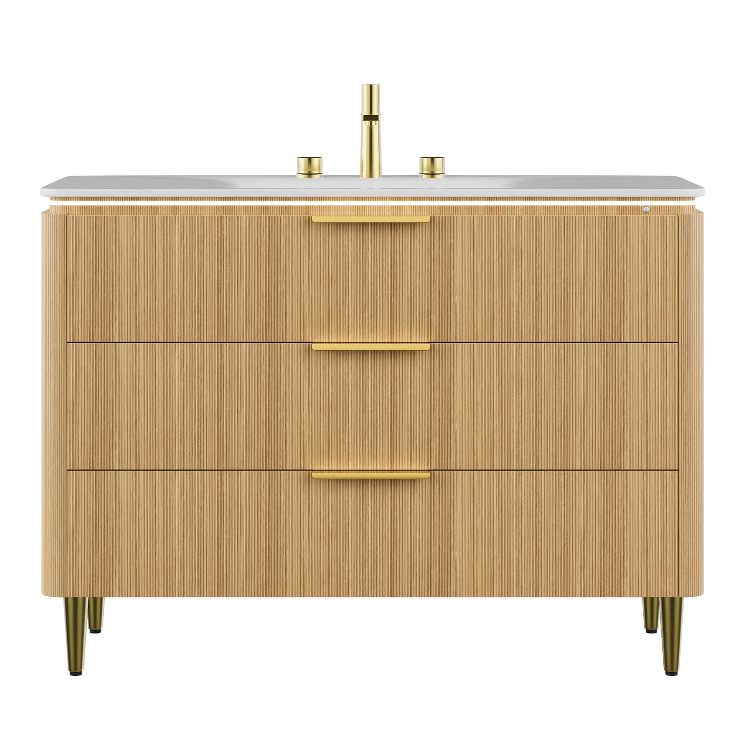 AMARA 36'' Bathroom Vanity&Sink, Freestanding Curved Edges Ultra-Slim Grille Plywood Storage Cabinet, 3 Drawers, Carrara White Sintered Stone Integrated Basin