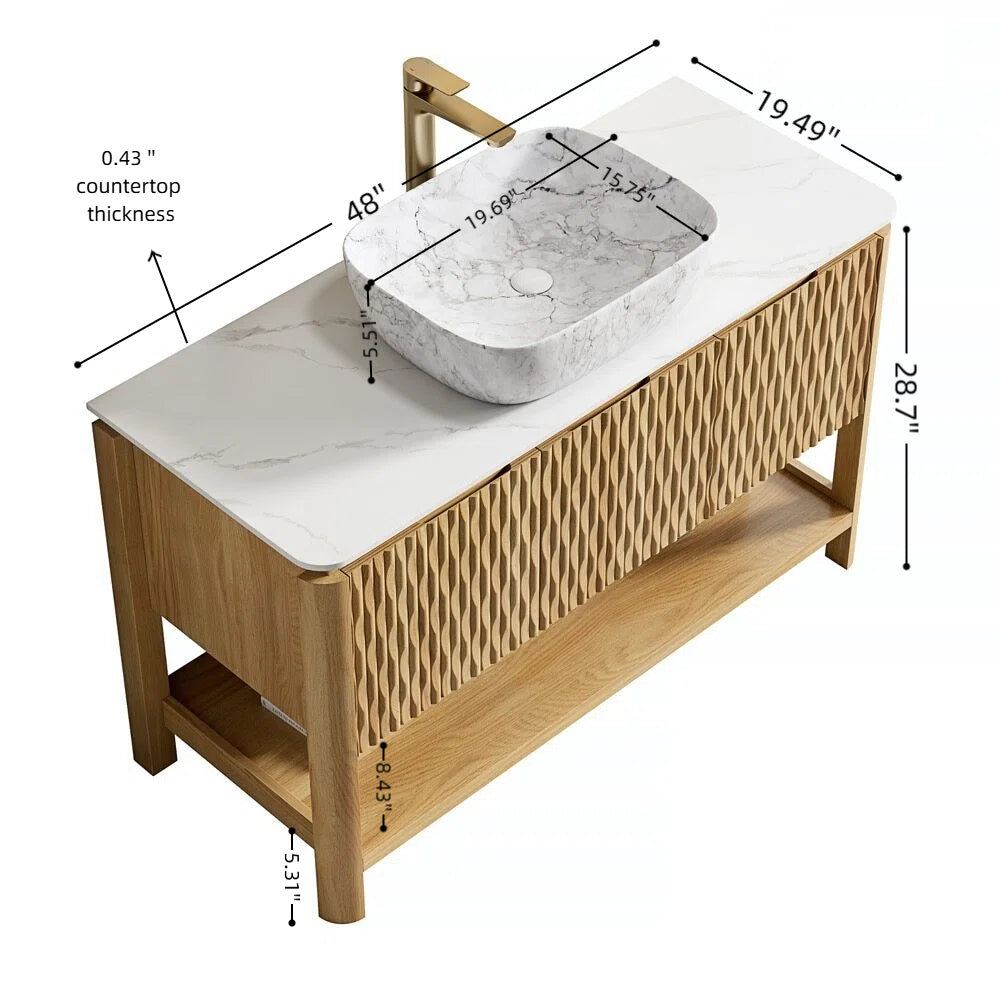 SHARMA 60" Bathroom Vanity&Sinks, Freestanding Plywood Storage Cabinet with 4 Bamboo Texture Doors&Open Shelf, 2 Marble Pattern Ceramic Basins&Carrara White Sintered Stone Top, Woodgrain Color