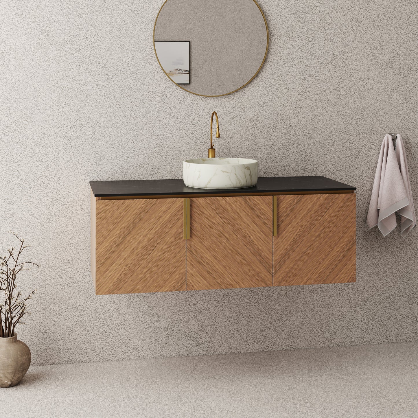 ARAI 36" Bathroom Vanity&Sink, Wall-Mounted Plywood Bathroom Storage Cabinet with Double Doors, Black Sintered Stone Countertop&White Round Ceramic Basin with Stone Pattern, Brown Oak Woodgrain Color