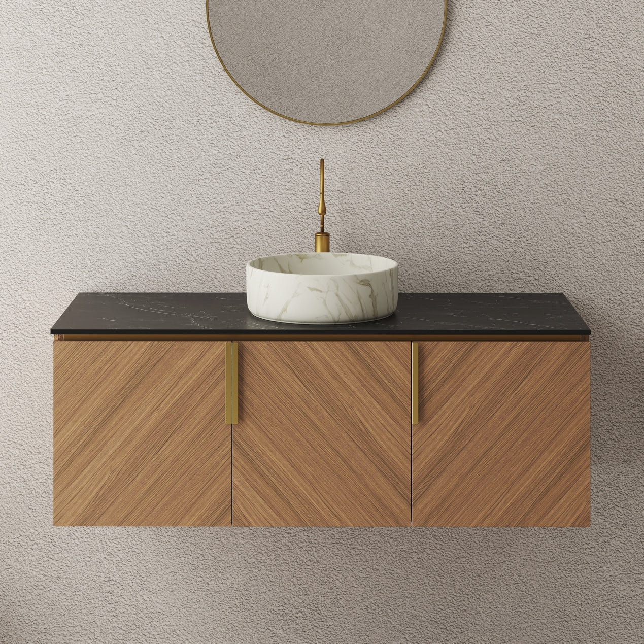 ARAI 36" Bathroom Vanity&Sink, Wall-Mounted Plywood Bathroom Storage Cabinet with Double Doors, Black Sintered Stone Countertop&White Round Ceramic Basin with Stone Pattern, Brown Oak Woodgrain Color