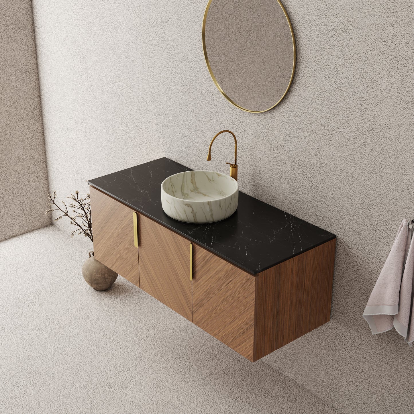 ARAI 36" Bathroom Vanity&Sink, Wall-Mounted Plywood Bathroom Storage Cabinet with Double Doors, Black Sintered Stone Countertop&White Round Ceramic Basin with Stone Pattern, Brown Oak Woodgrain Color