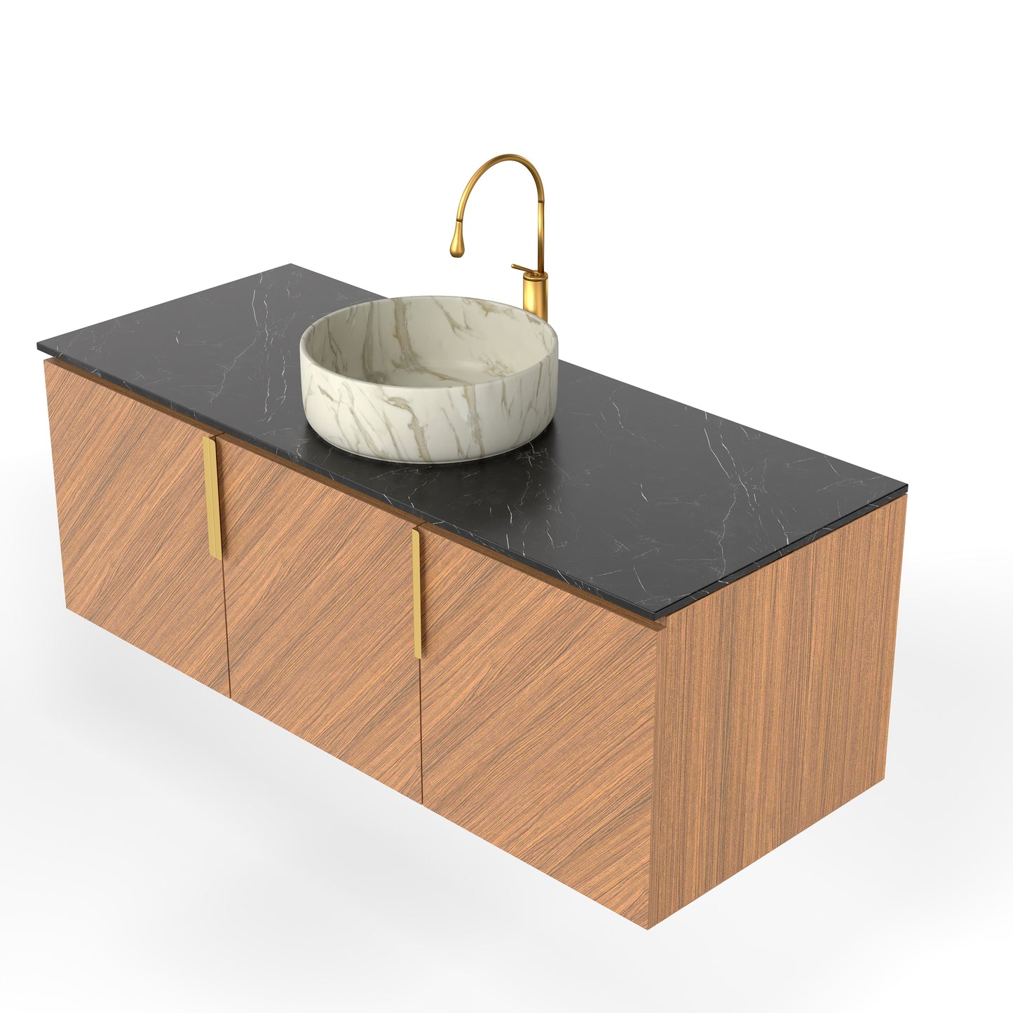 ARAI 36" Bathroom Vanity&Sink, Wall-Mounted Plywood Bathroom Storage Cabinet with Double Doors, Black Sintered Stone Countertop&White Round Ceramic Basin with Stone Pattern, Brown Oak Woodgrain Color