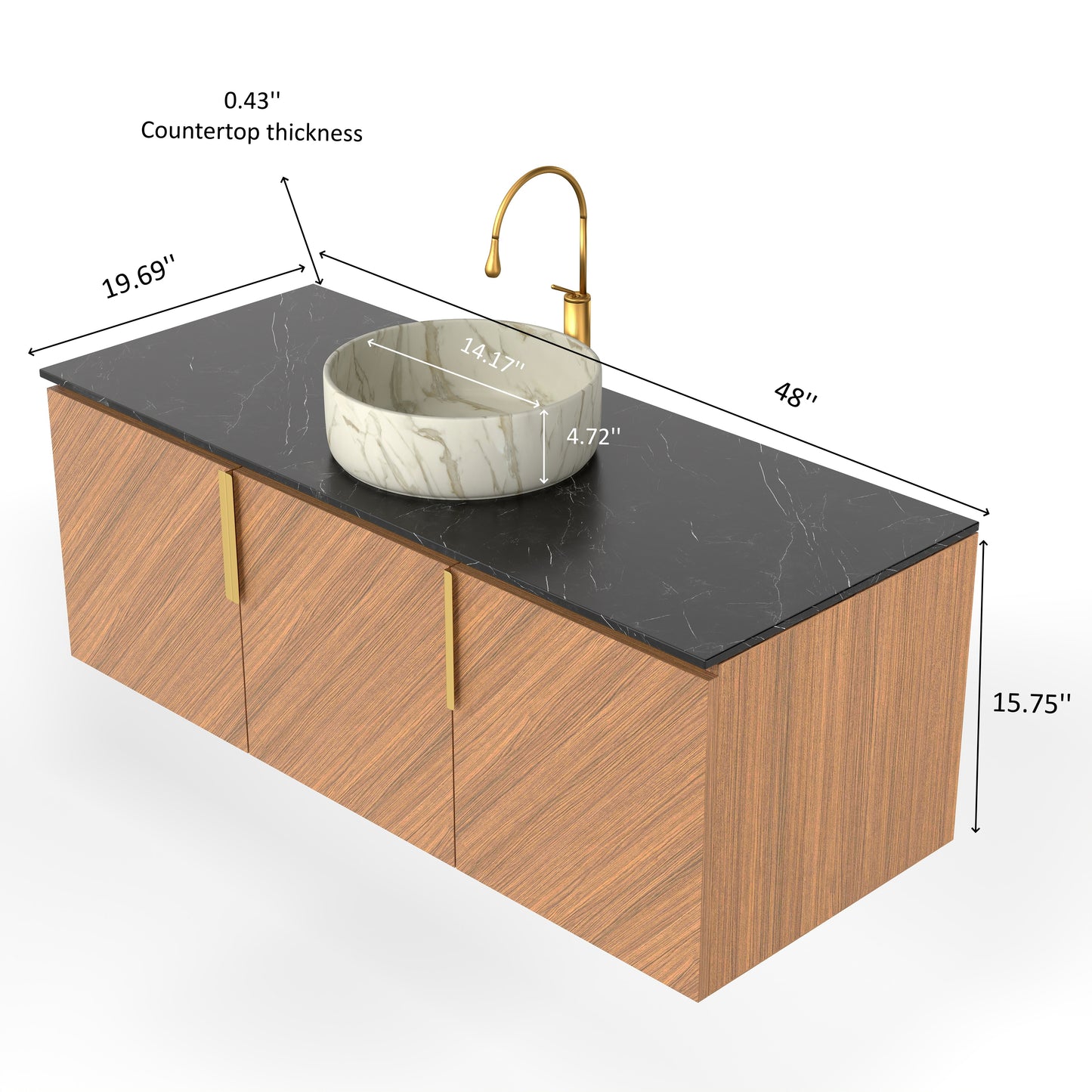 ARAI 36" Bathroom Vanity&Sink, Wall-Mounted Plywood Bathroom Storage Cabinet with Double Doors, Black Sintered Stone Countertop&White Round Ceramic Basin with Stone Pattern, Brown Oak Woodgrain Color
