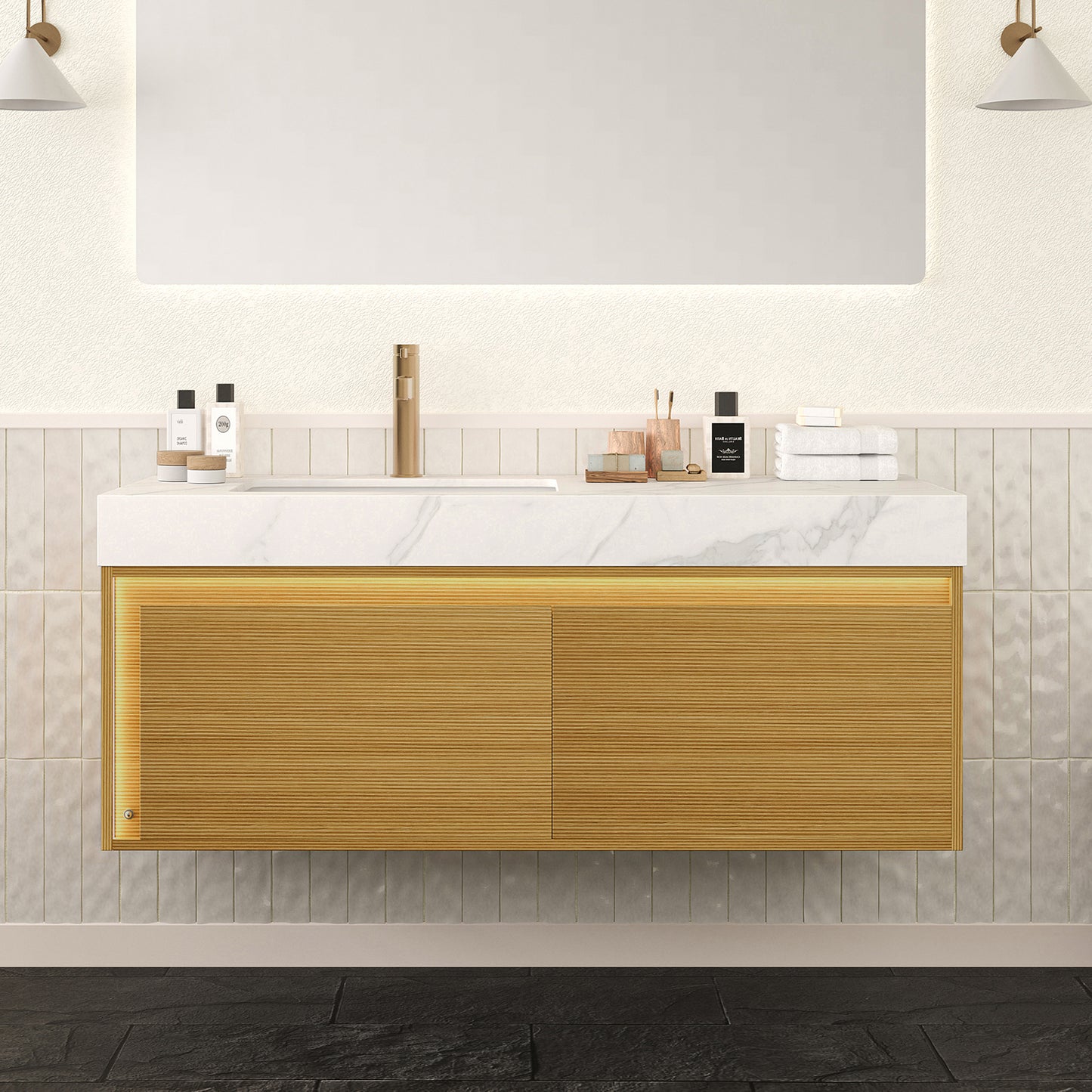 NYAH 60'' Bathroom Vanity&Sinks, Floating Ultra-Slim Grille Plywood Storage Cabinet, Carrara White