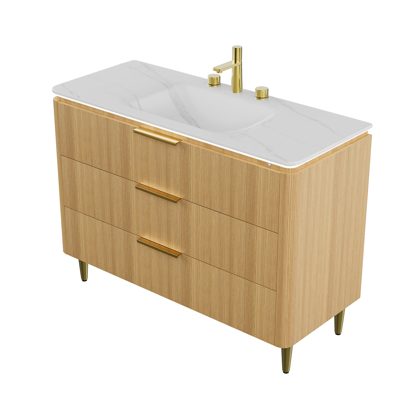 AMARA 36'' Bathroom Vanity&Sink, Freestanding Curved Edges Ultra-Slim Grille Plywood Storage Cabinet, 3 Drawers, Carrara White Sintered Stone Integrated Basin