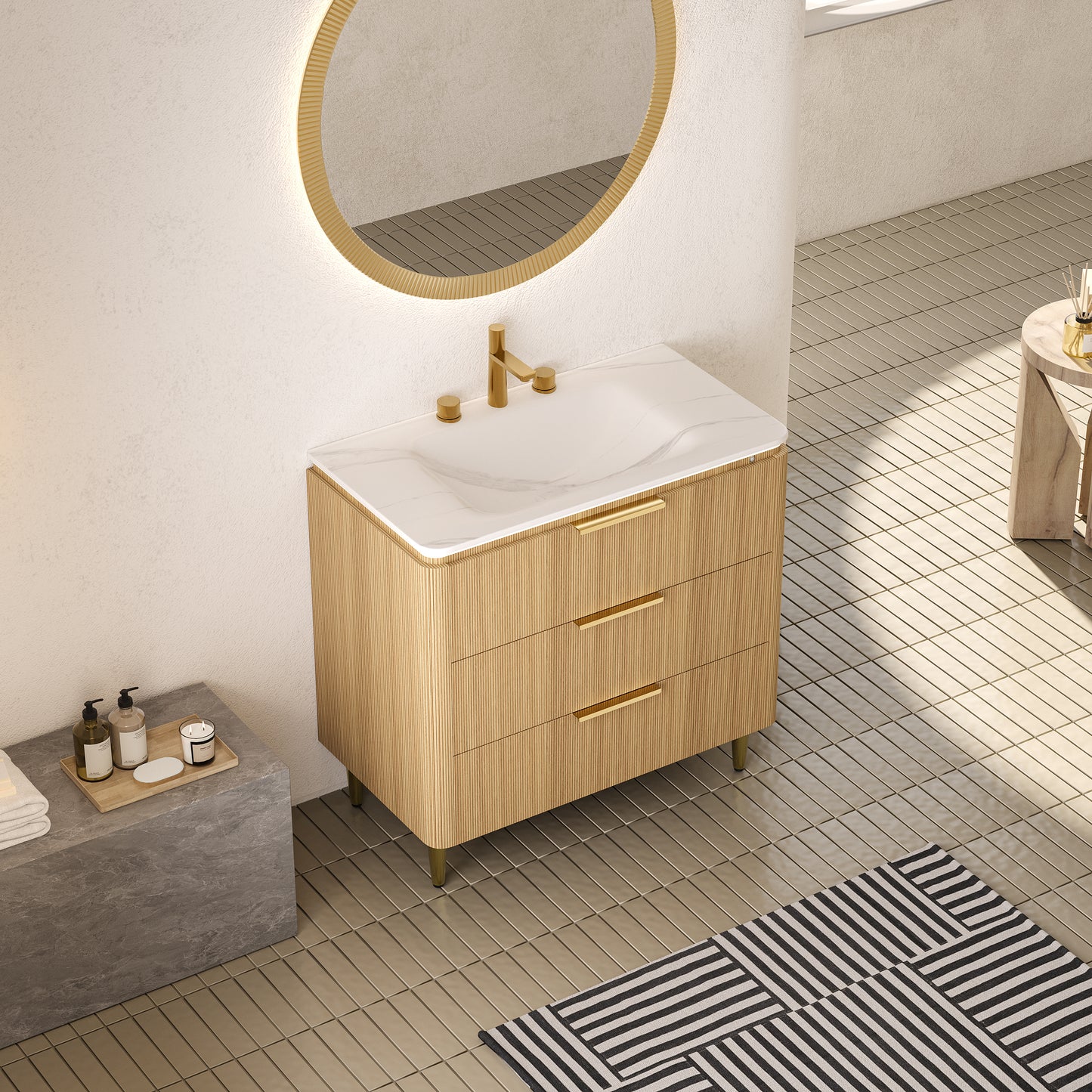 AMARA 36'' Bathroom Vanity&Sink, Freestanding Curved Edges Ultra-Slim Grille Plywood Storage Cabinet, 3 Drawers, Carrara White Sintered Stone Integrated Basin