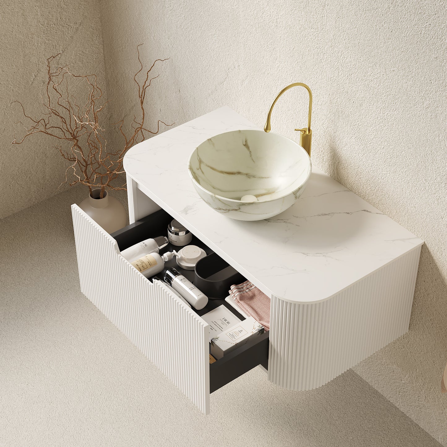 DINA 24" Bathroom Vanity&Sink, Floating Curved Edges Striped Storage Cabinet with Drawer, Matte Stone White Bowl Ceramic Basin&Carrara White Sintered Stone Top, Pre-assembled, White Color
