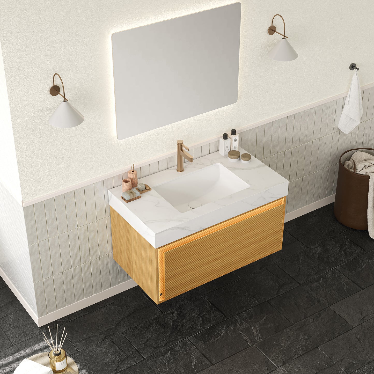 NYAH 60'' Bathroom Vanity&Sinks, Floating Ultra-Slim Grille Plywood Storage Cabinet, Carrara White