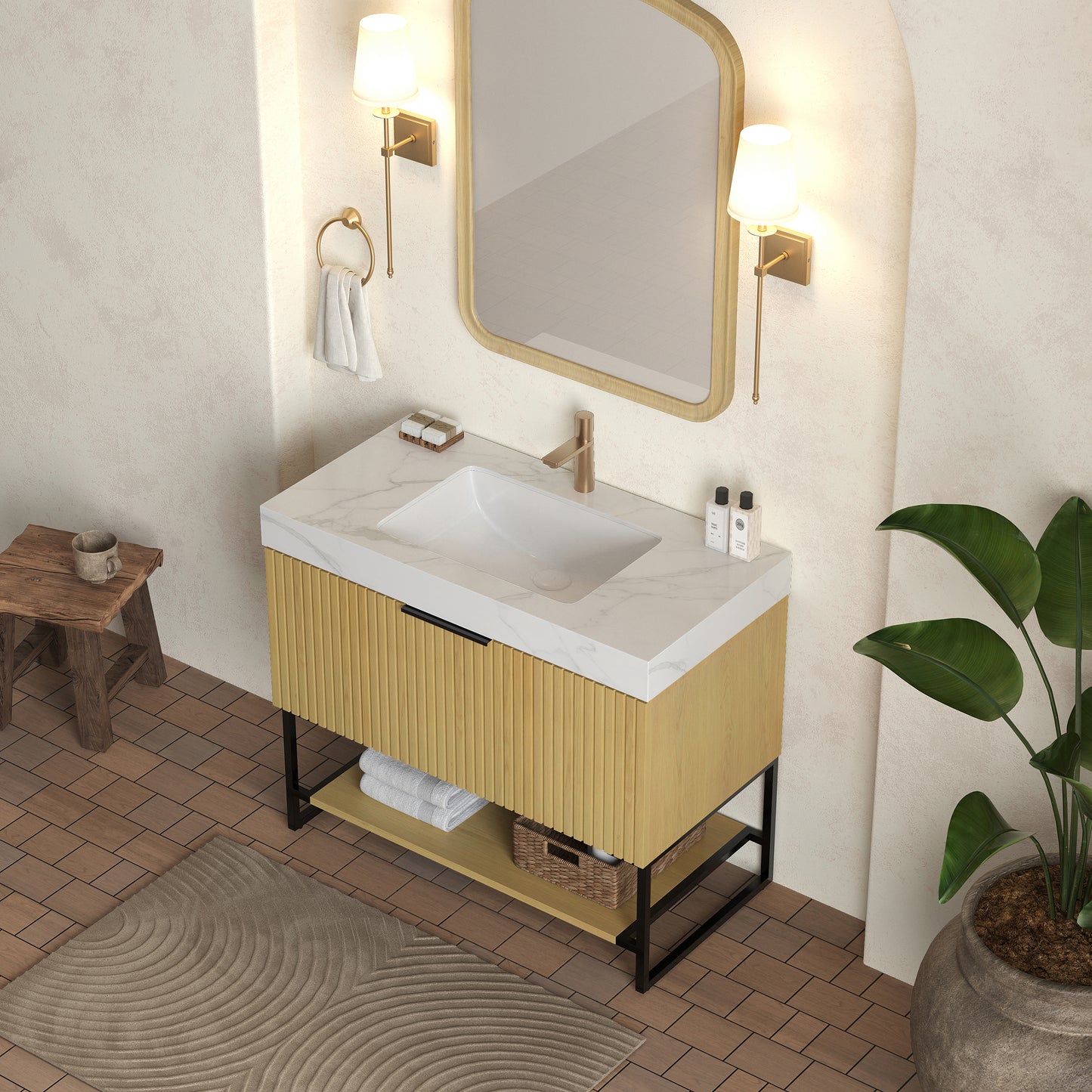 YOLAN 36" Badezimmer-Waschtisch und Waschbecken, freistehender gestreifter Sperrholz-Aufbewahrungsschrank mit Schublade und offenem Regal, Carrara-Weiß, Corolla-Eiche 