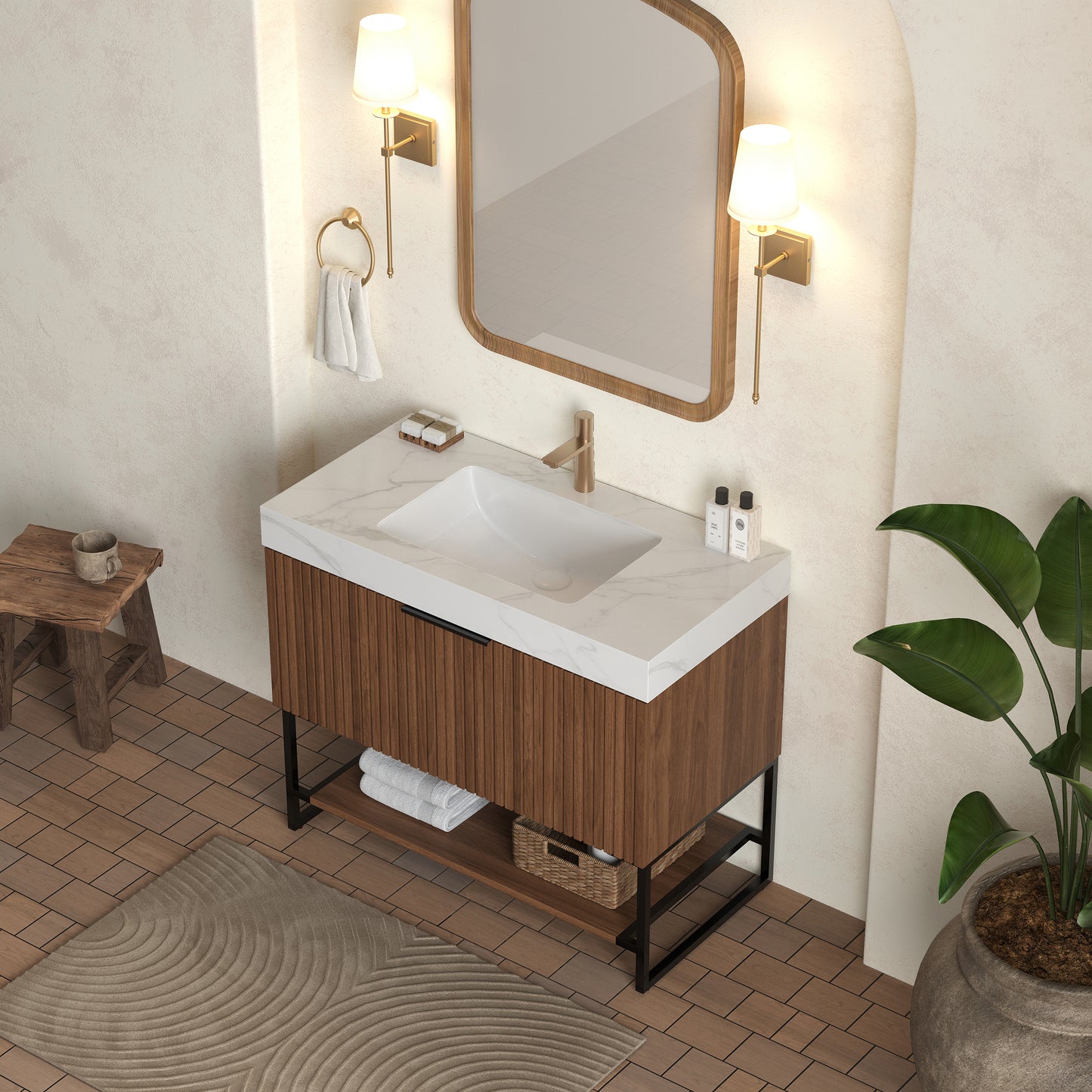 YOLAN 36" Badezimmer-Waschtisch und Waschbecken, freistehender gestreifter Sperrholz-Aufbewahrungsschrank mit Schublade und offenem Regal, Carrara-Weiß,