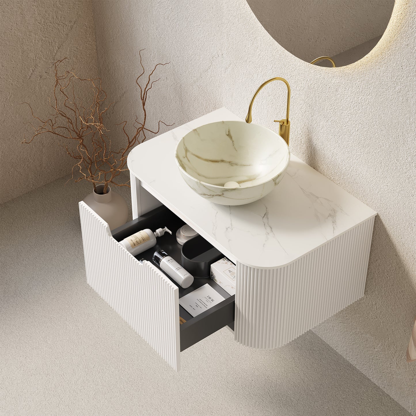 DINA 24" Bathroom Vanity&Sink, Floating Curved Edges Striped Storage Cabinet with Drawer, Matte Stone White Bowl Ceramic Basin&Carrara White Sintered Stone Top, Pre-assembled, White Color