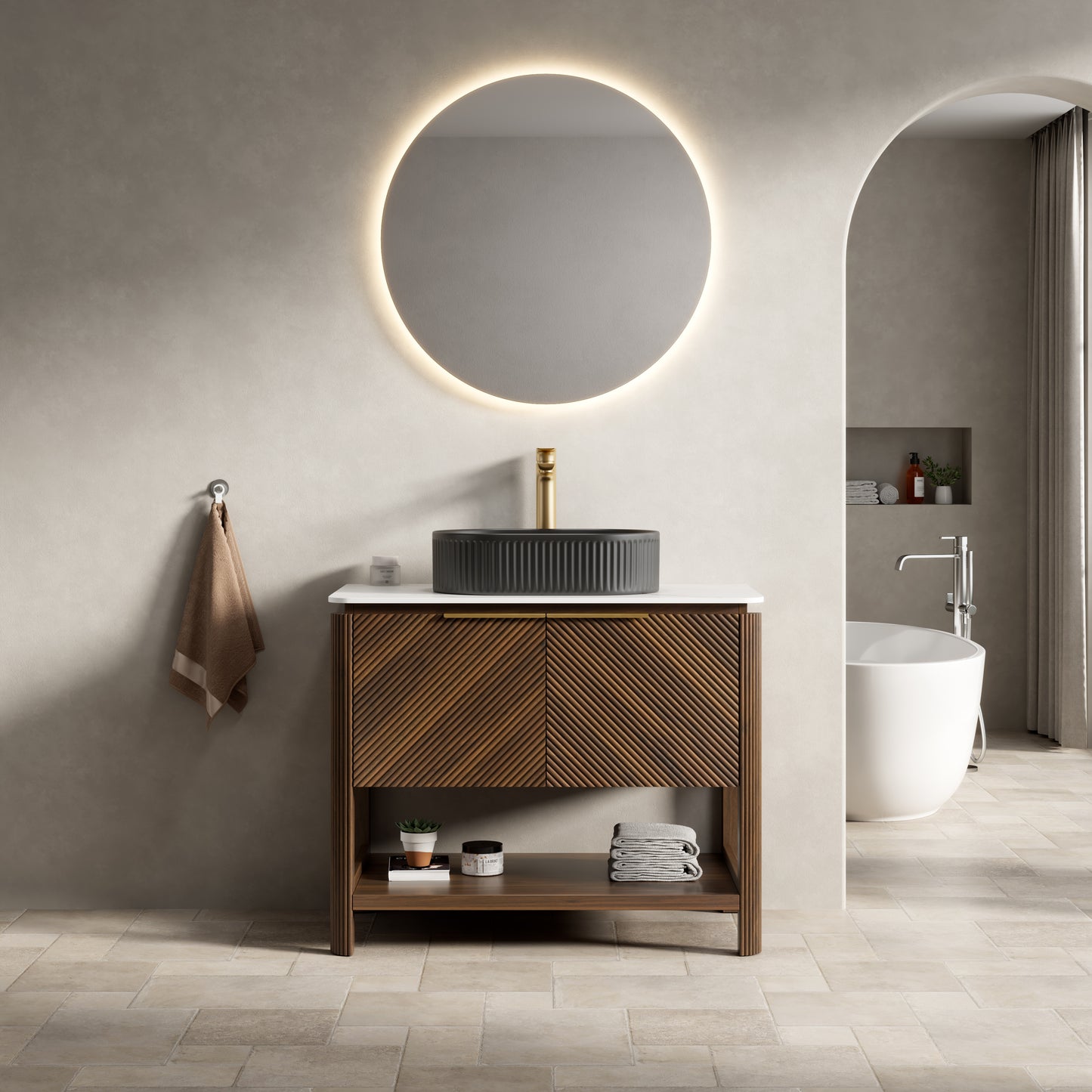 INDIGO 36" Bathroom Vanity&Sink, Freestanding Plywood Storage Cabinet with 2 Diagonal Striped Doors&Open Shelf, Black Striped Oval Ceramic Basin&Carrara White Sintered Stone Top, Dark Walnut Woodgrain