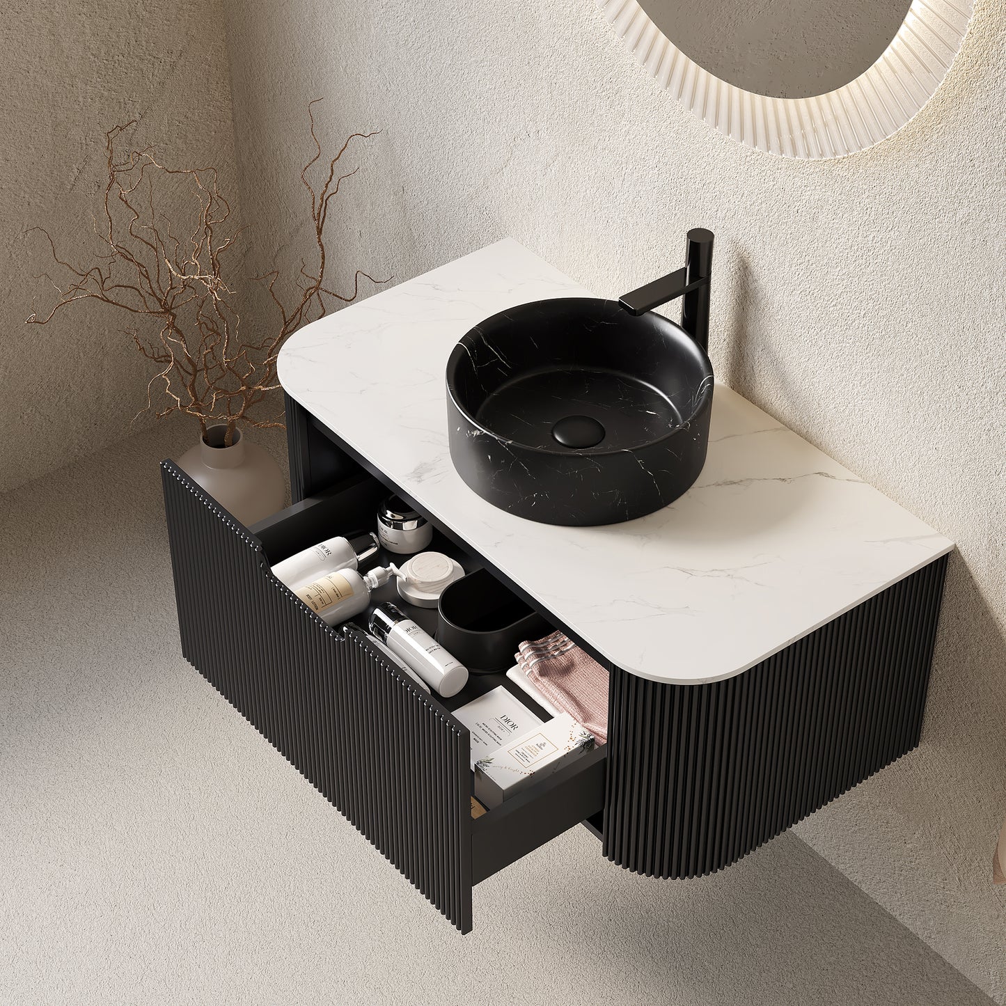 DINA 60" Bathroom Vanity&Sinks, Floating Curved Edges Striped Storage Cabinet with 2 Drawers, 2 Stone Black Round Ceramic Basins&Carrara White Sintered Stone Top, Pre-assembled, Black Color