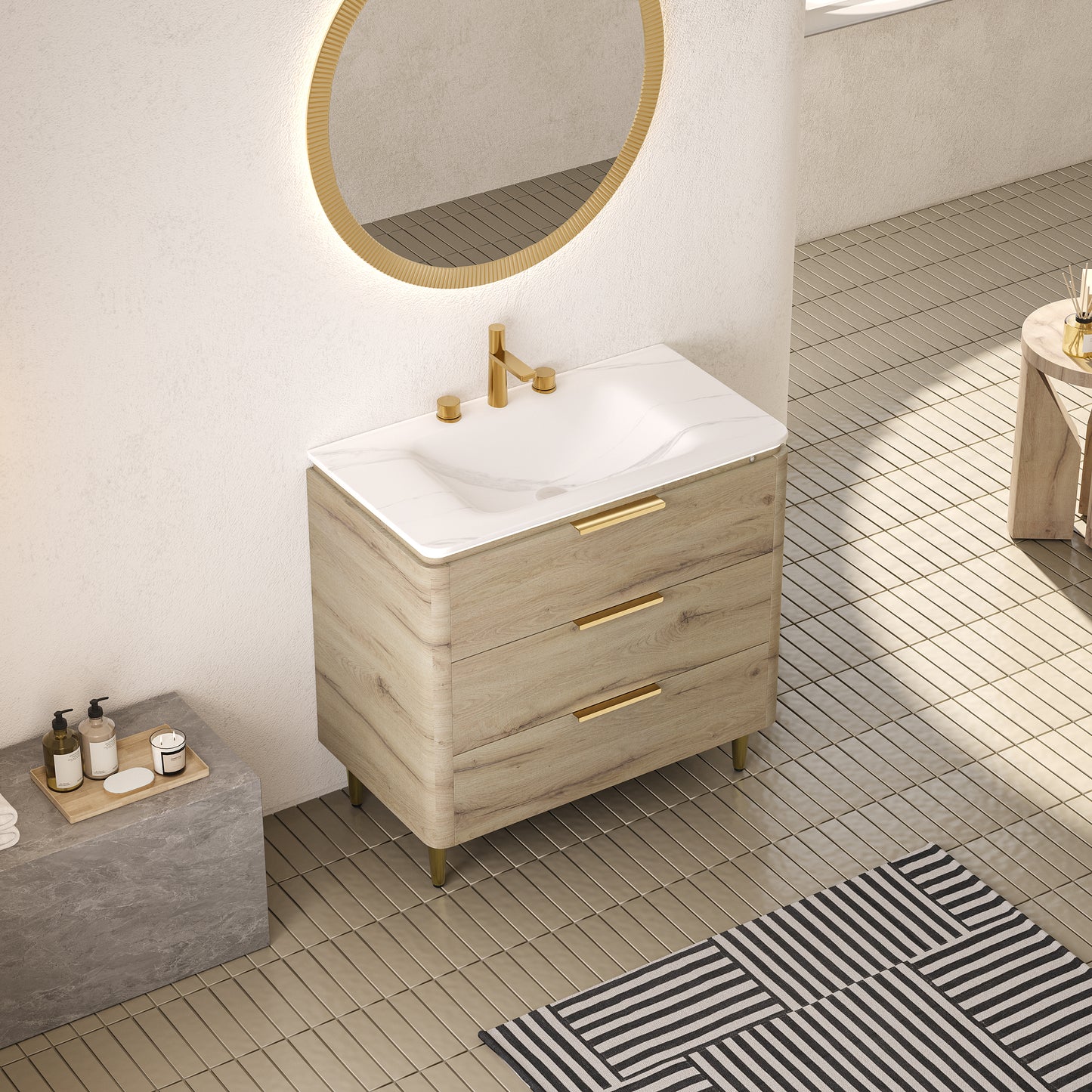 AMARA 36'' Bathroom Vanity with Sink, Freestanding Curved Edges Plywood Bathroom Storage Cabinet with 3 Drawers, Carrara White Sintered Stone Integrated Basin,