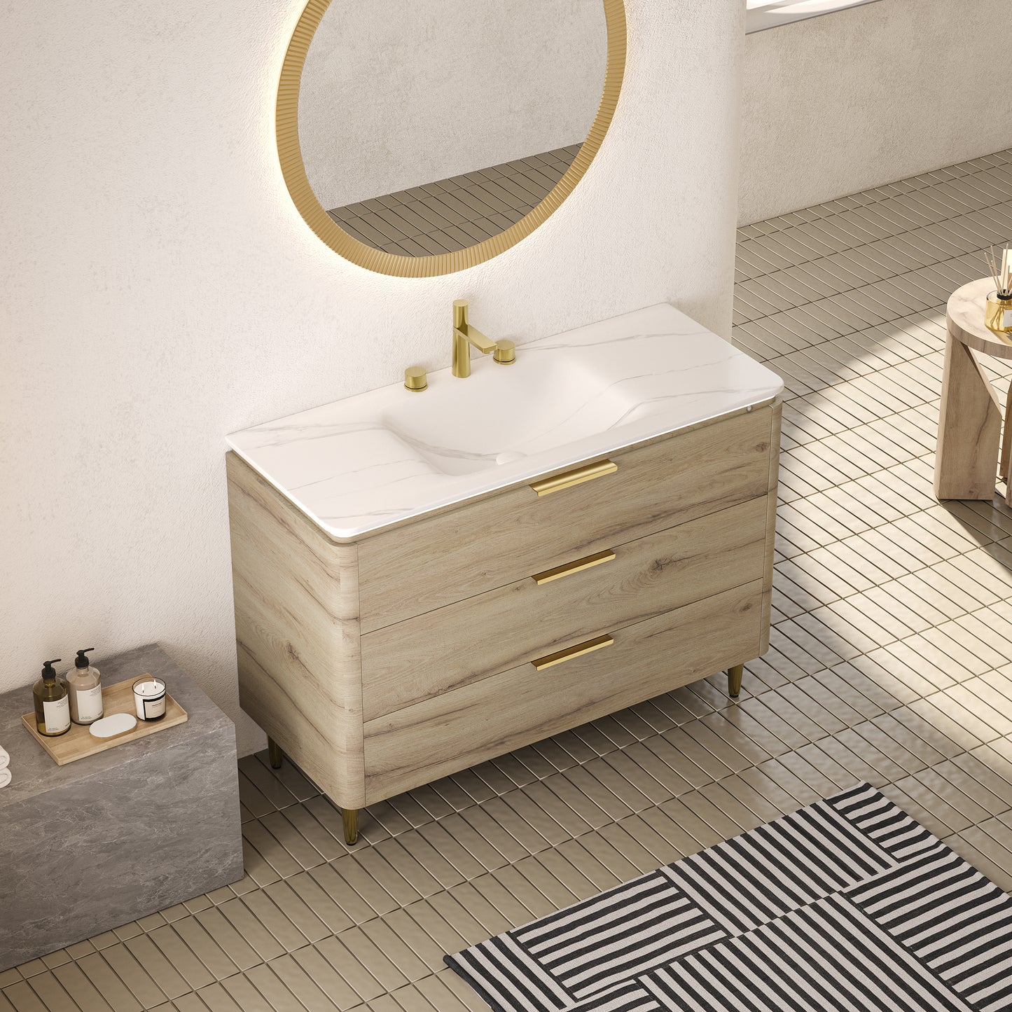 AMARA 36'' Bathroom Vanity with Sink, Freestanding Curved Edges Plywood Bathroom Storage Cabinet with 3 Drawers, Carrara White Sintered Stone Integrated Basin,