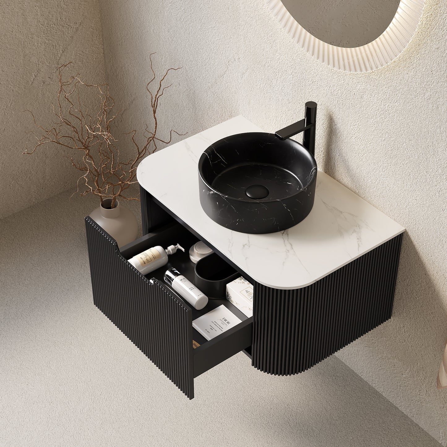 DINA 60" Bathroom Vanity&Sinks, Floating Curved Edges Striped Storage Cabinet with 2 Drawers, 2 Stone Black Round Ceramic Basins&Carrara White Sintered Stone Top, Pre-assembled, Black Color