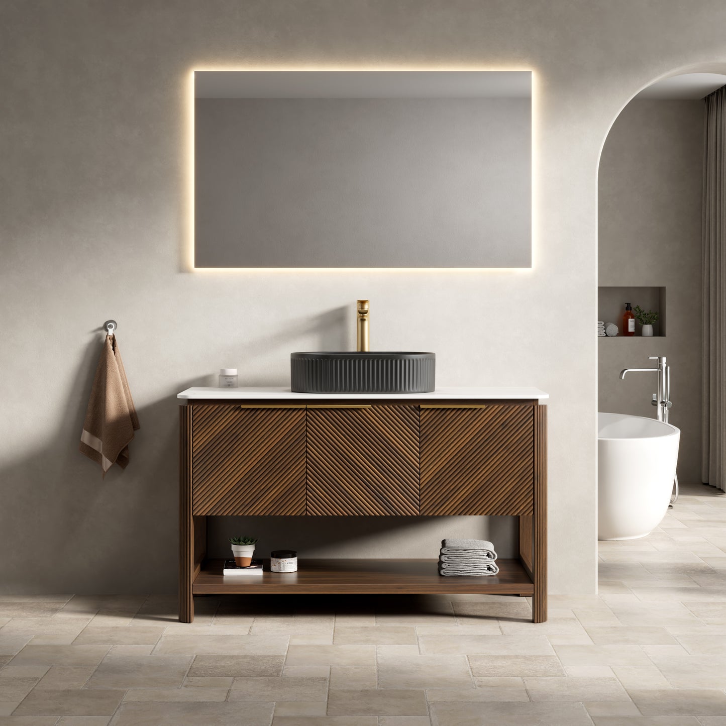 INDIGO 36" Bathroom Vanity&Sink, Freestanding Plywood Storage Cabinet with 2 Diagonal Striped Doors&Open Shelf, Black Striped Oval Ceramic Basin&Carrara White Sintered Stone Top, Dark Walnut Woodgrain