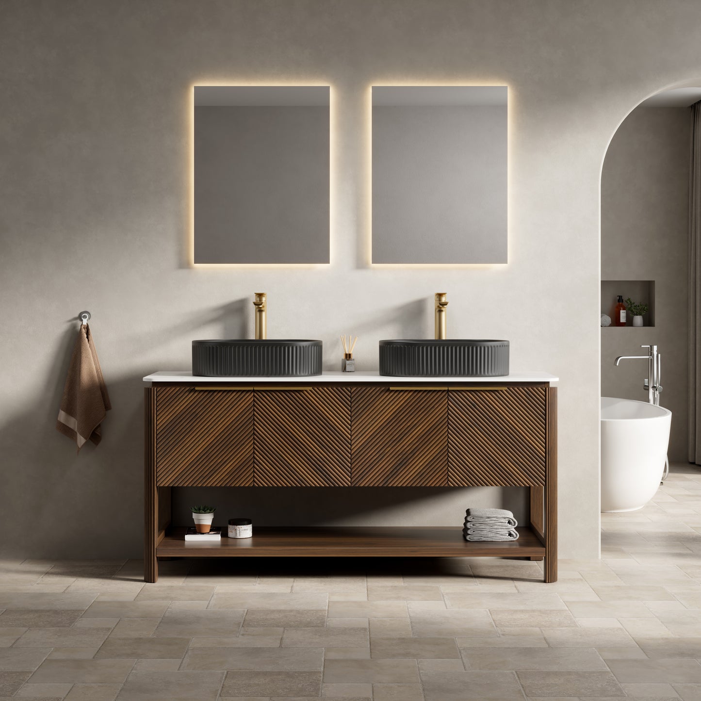 INDIGO 36" Bathroom Vanity&Sink, Freestanding Plywood Storage Cabinet with 2 Diagonal Striped Doors&Open Shelf, Black Striped Oval Ceramic Basin&Carrara White Sintered Stone Top, Dark Walnut Woodgrain