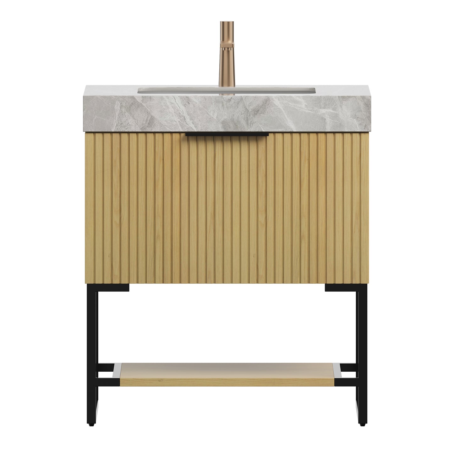 YOLAN 30" Bathroom Vanity&Sink, Freestanding Striped Plywood Storage Cabinet with Drawer&Open Shelf, Light Gray Sintered Stone Top&Undermount Ceramic Basin