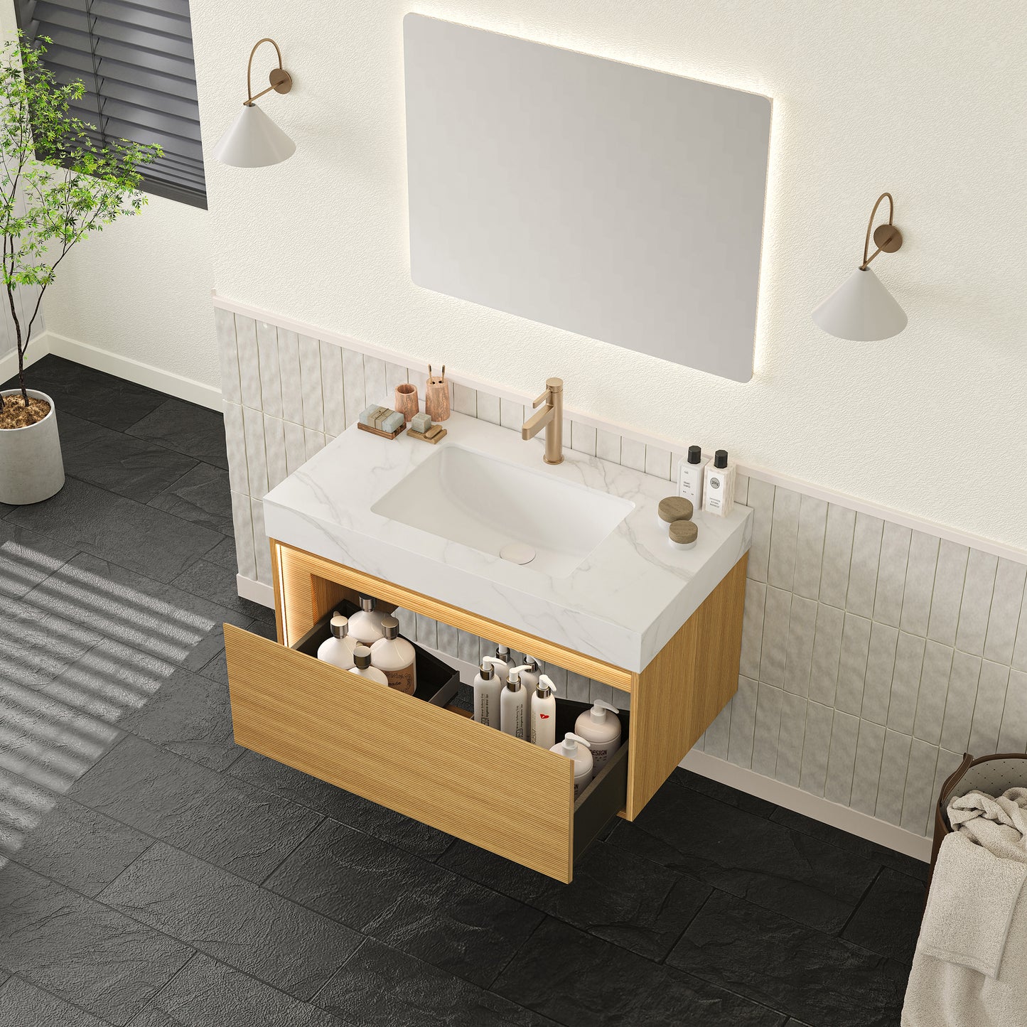 NYAH 60'' Bathroom Vanity&Sinks, Floating Ultra-Slim Grille Plywood Storage Cabinet, Carrara White