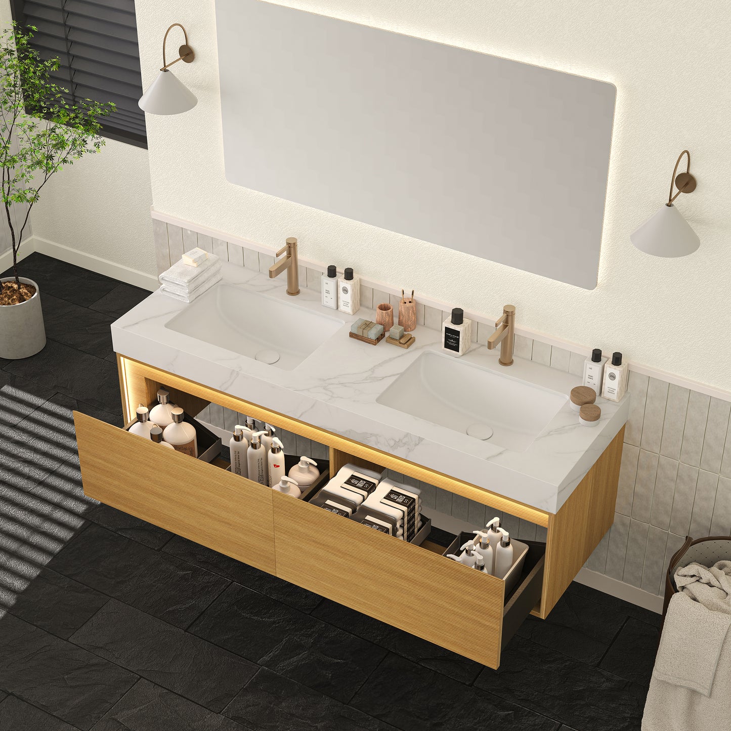 NYAH 60'' Bathroom Vanity&Sinks, Floating Ultra-Slim Grille Plywood Storage Cabinet, Carrara White