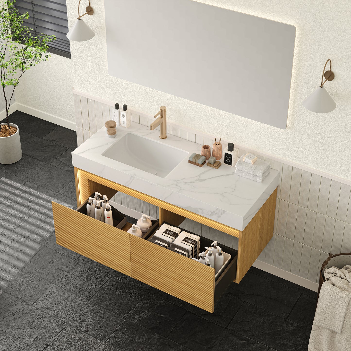 NYAH 60'' Bathroom Vanity&Sinks, Floating Ultra-Slim Grille Plywood Storage Cabinet, Carrara White