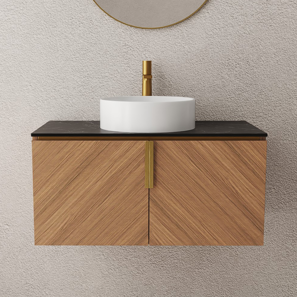 ARAI 36" Bathroom Vanity&Sink, Wall-Mounted Plywood Bathroom Storage Cabinet with Double Doors, Black Sintered Stone Countertop&White Round Ceramic Basin with Stone Pattern, Brown Oak Woodgrain Color