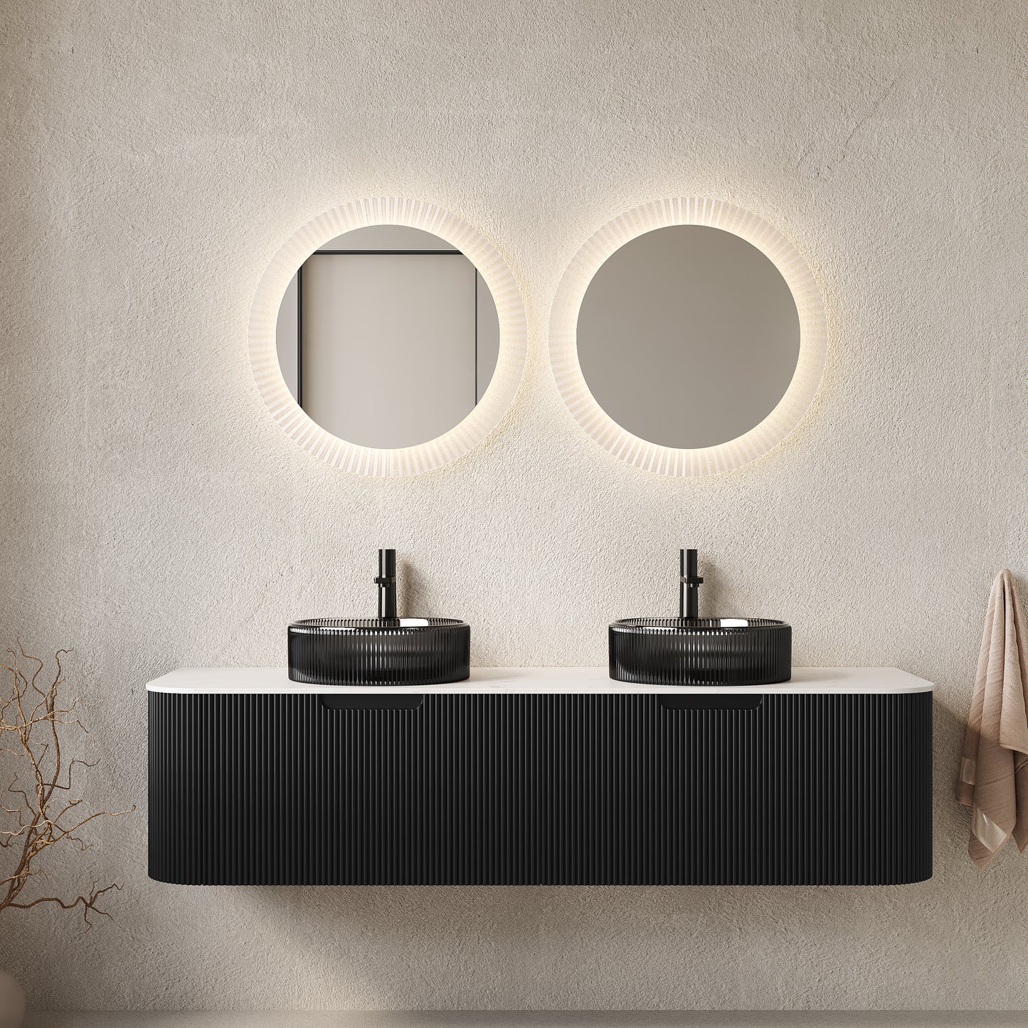 DINA 24" Bathroom Vanity with Sink, Wall-Mounted Curved Edges Striped Storage Cabinet with Drawer, Transparent Black Round Glass Basin and Countertop, Pre-assembled, Black Color